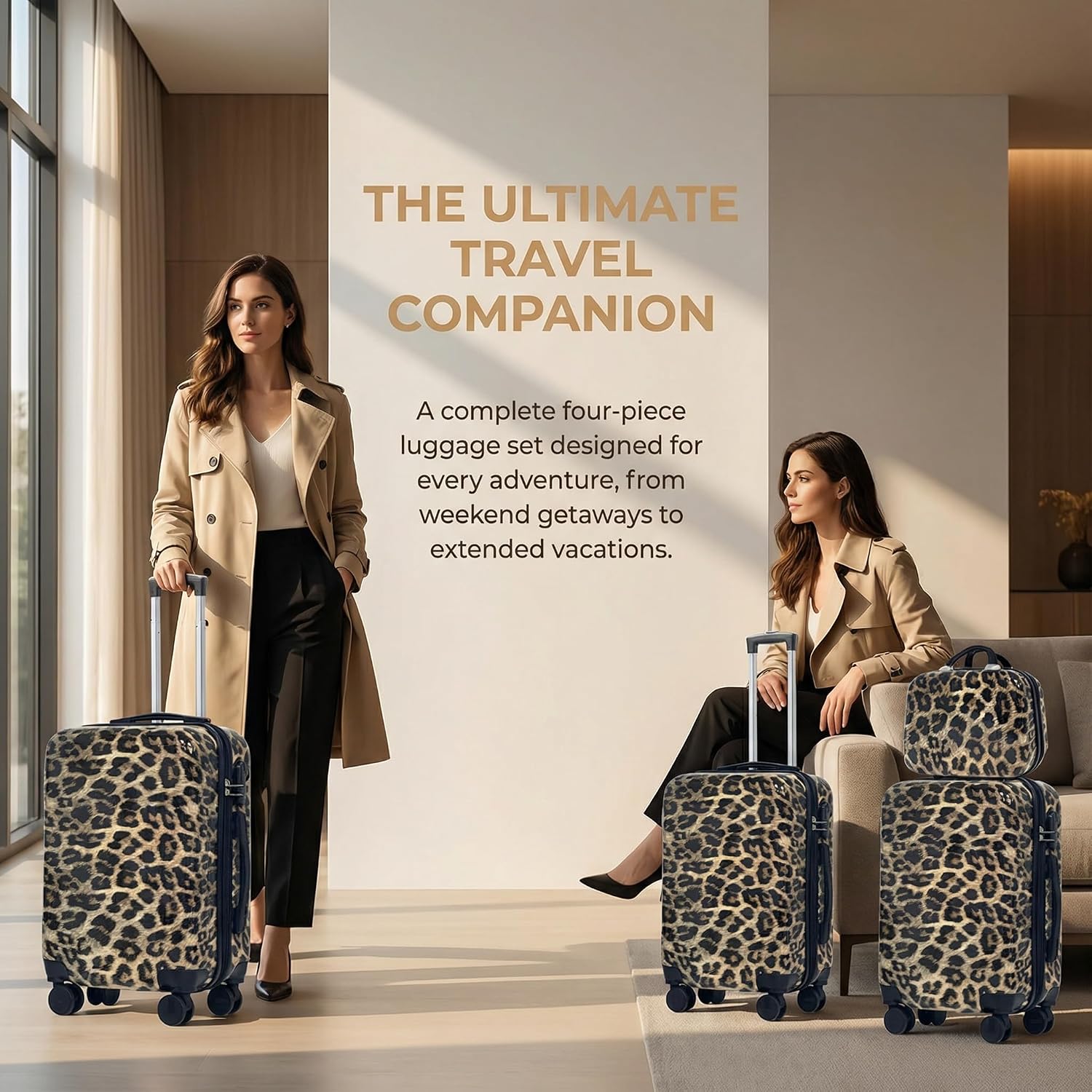 4 Piece Leopard Print Luggage Set - Cheetah Print Hard Shell Suitcases with Spinner Wheels, Animal Print Rolling Luggage for Travel (14' + 20' + 24' + 28')