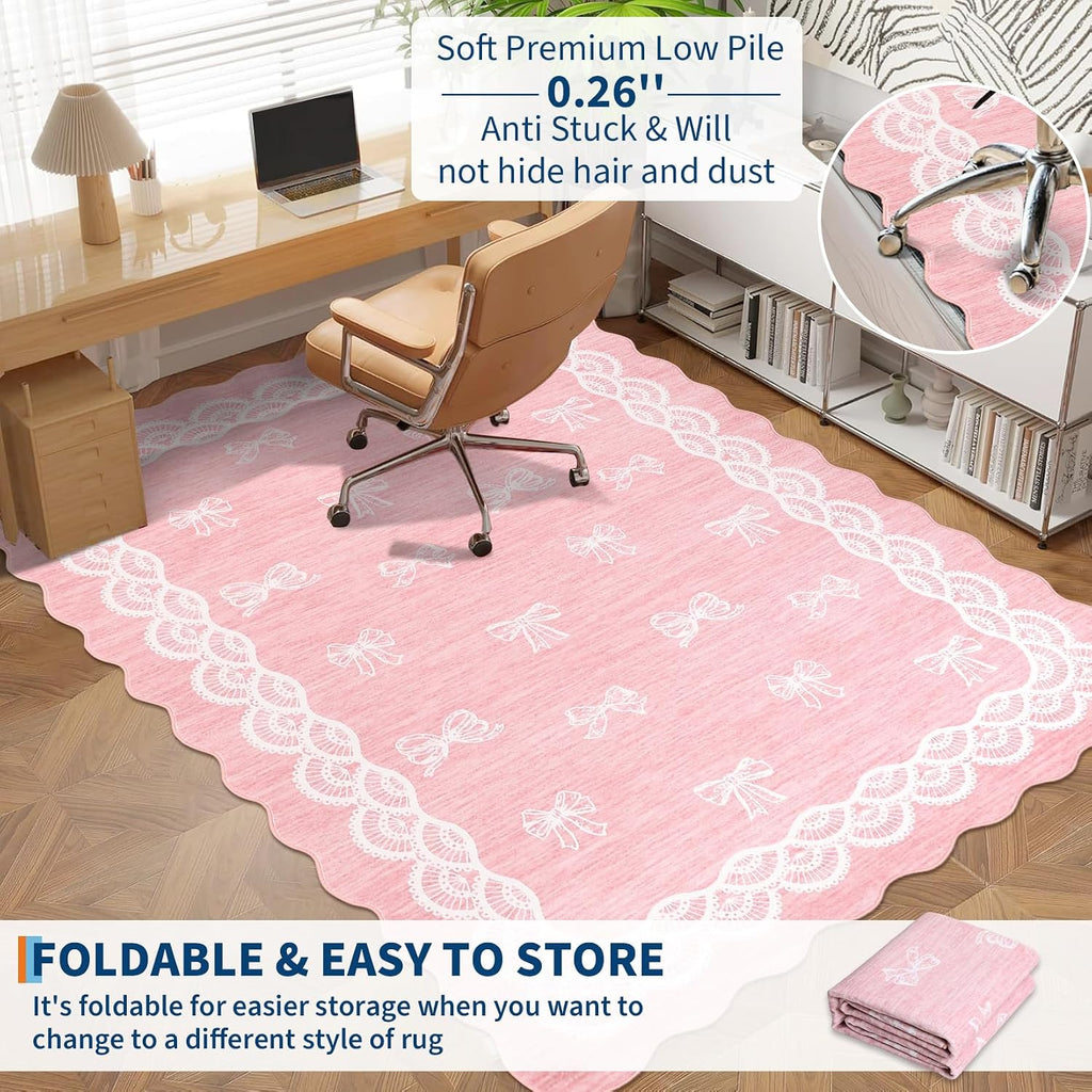 Garvee Scalloped Bow 9x12 Washable Rug for Living Room, Soft Pink Rugs Non-Slip Low Pile Rug Modern Farmhouse Lace Carpet, Stain Resistant Low Pile Floor Cover for Bedroom College Kids Room, Pink