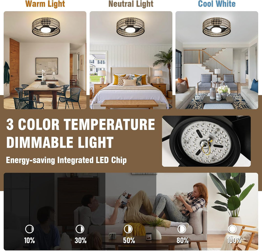 Boho Farmhouse Ceiling Fan with Lights,20' Low Profile Flush Mount Ceiling Fan with Remote,Rustic Wood Pattern Caged Ceiling Fan,Dimmable LED Light,Quiet 6-Speed DC Motor for Bedroom Kitchen