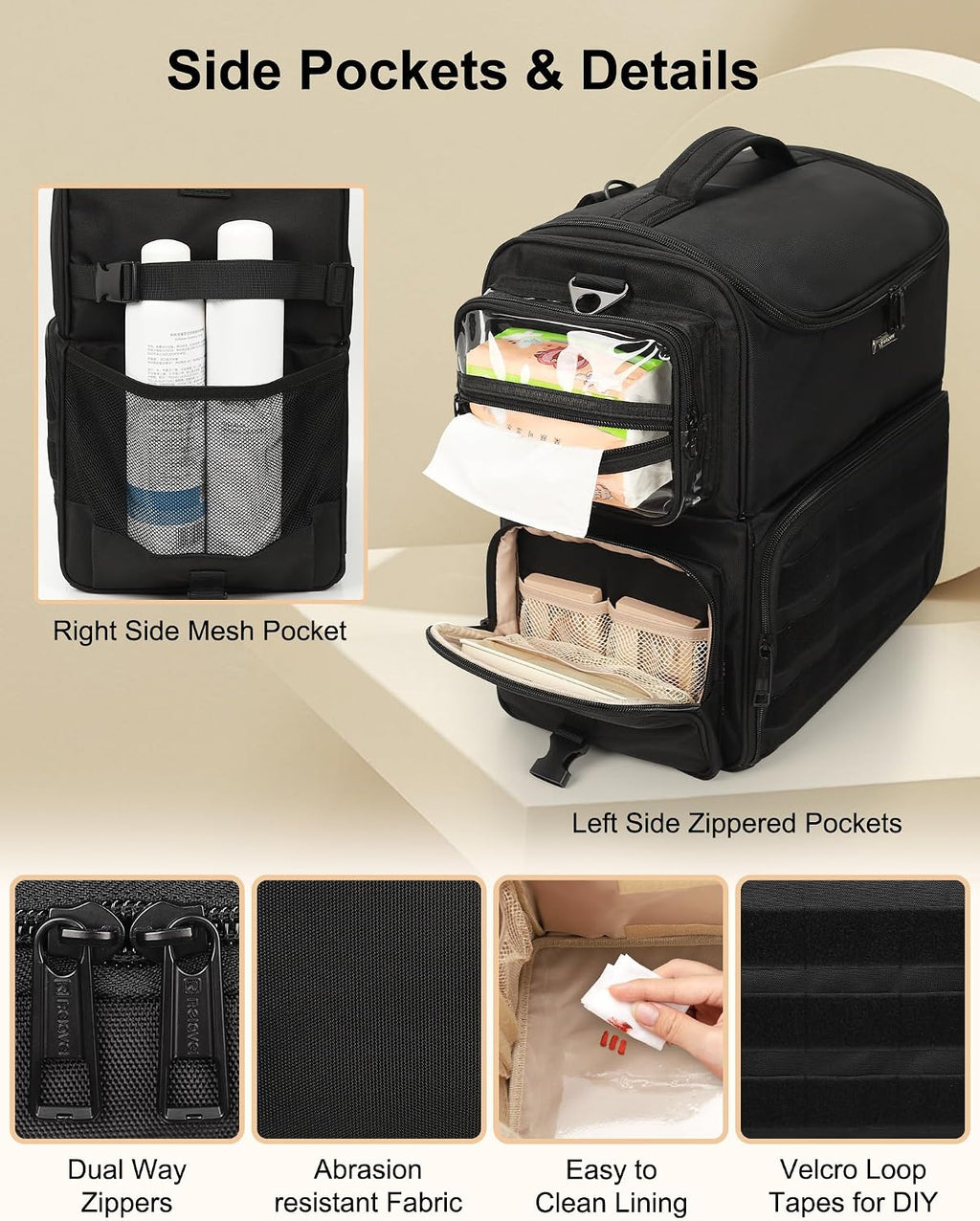 Relavel Rolling Makeup Train Case, Cosmetology Case on Wheels with 4 Clear Bags, Professional Makeup Artist Set Bags Cosmetic Storage Organizer with Adjustable Dividers, 360° Spinner Wheels, Black