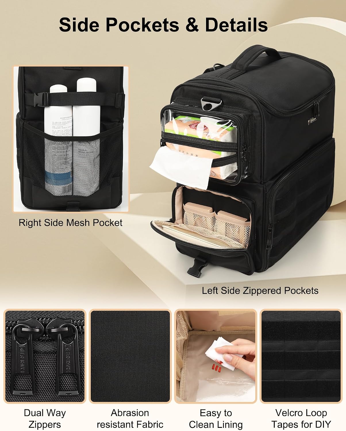 Relavel Rolling Makeup Train Case, Cosmetology Case on Wheels with 4 Clear Bags, Professional Makeup Artist Set Bags Cosmetic Storage Organizer with Adjustable Dividers, 360° Spinner Wheels, Black