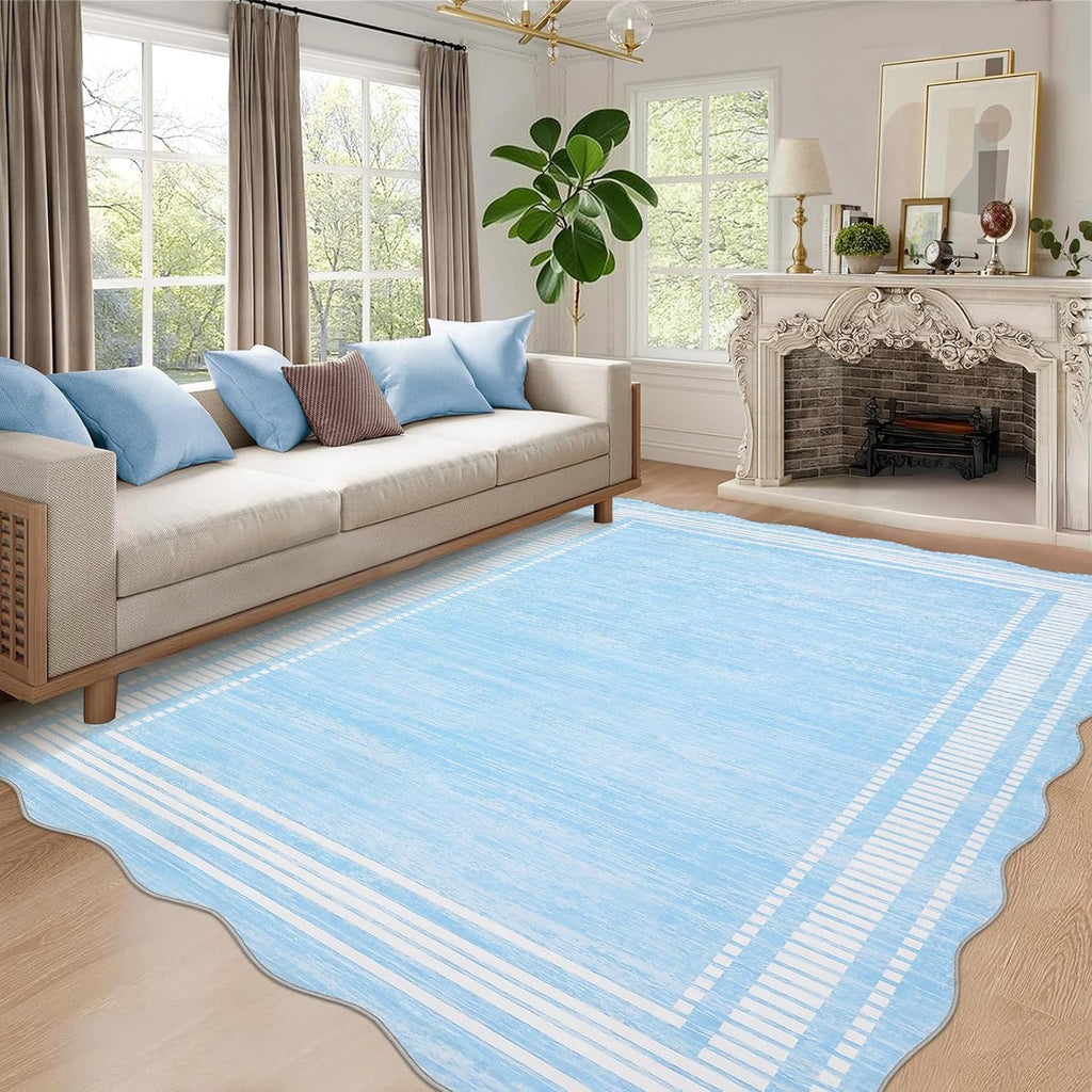 Garvee Modern Scalloped Rug 9x12 Washable Rugs for Living Room, Non-Slip Non-Shedding Faux Wool Soft Carpet, Minimalist Solid Neutral Large Floor Mats for Home Office Decor, Light Blue