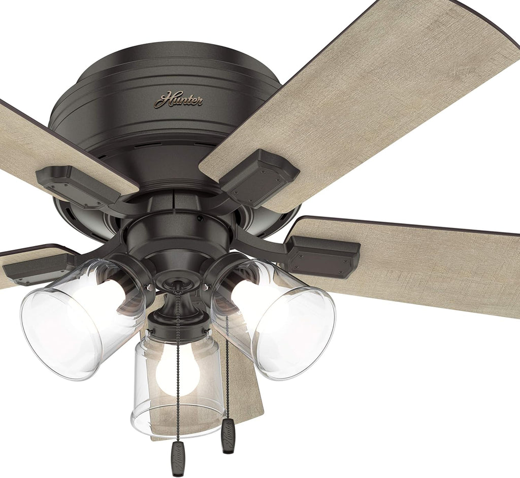 Hunter Fan 42 inch Noble Bronze Low Profile Indoor Ceiling fan with Clear Rippled Glass Light Kit and LED Bulbs (Renewed)