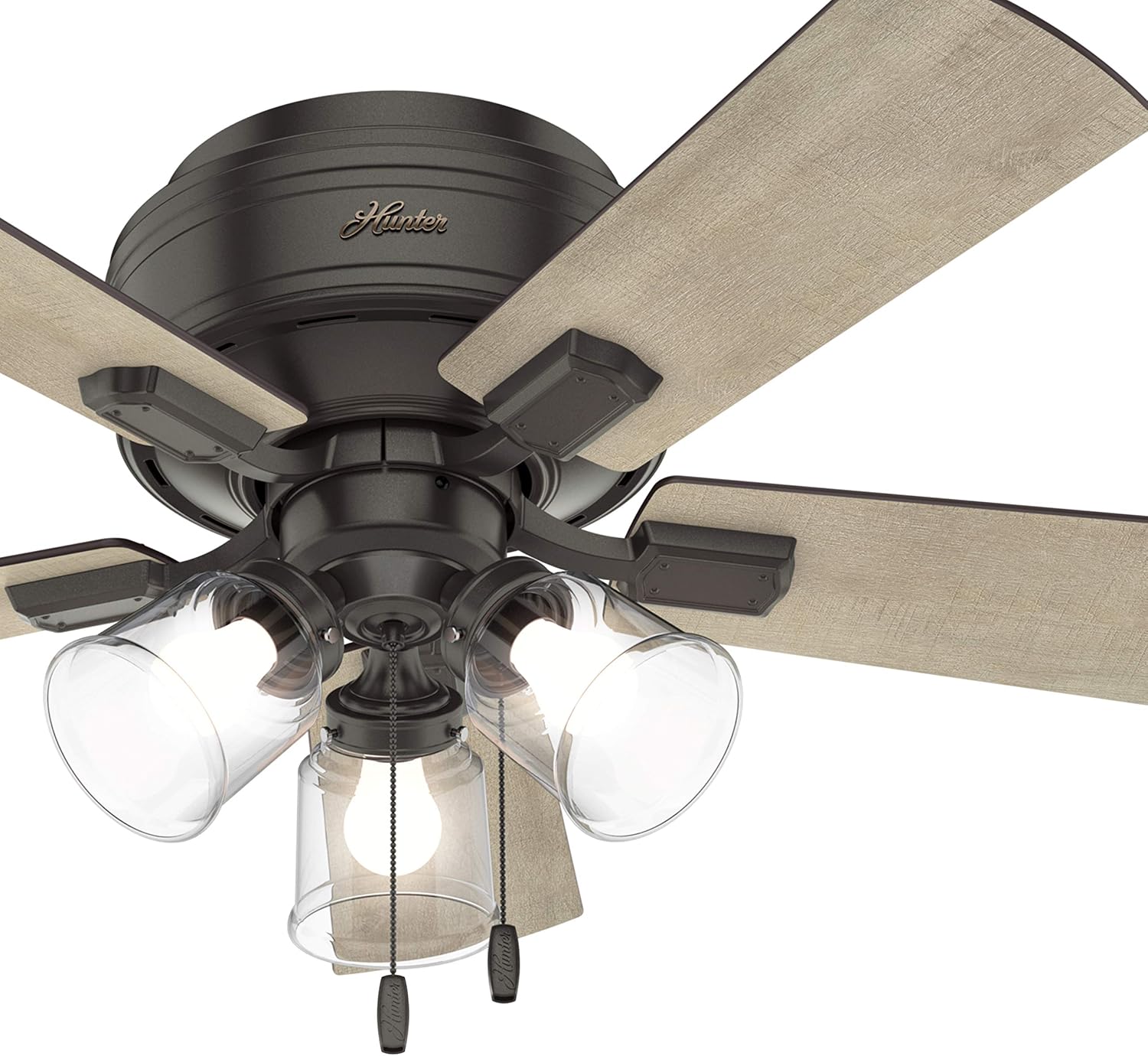 Hunter Fan 42 inch Noble Bronze Low Profile Indoor Ceiling fan with Clear Rippled Glass Light Kit and LED Bulbs (Renewed)