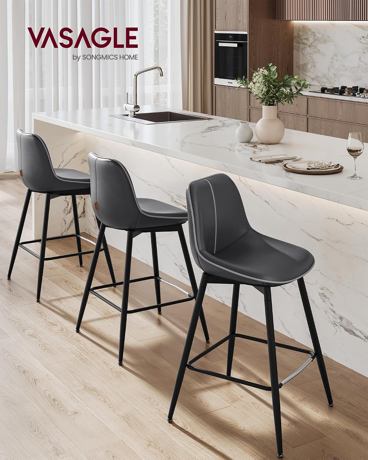 VASAGLE Bar Stools Set of 2, Counter Height Bar Stools with Back, Ergonomic Backrest, Synthetic Leather, Metal Legs, 24.8-Inch Tall Barstools for Kitchen Island Home Bar, Easy Assembly, Ink Black
