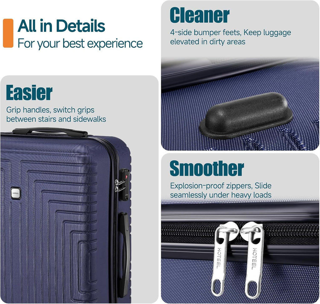 Hoteel Luggage Sets 5 Piece ABS+PC Hardside, 4-Year Warranty, Luggage Set with Double-Spinner Wheels, TSA Lock, Lightweight Carry on Luggage, 20'/24'/28' Suitcase with Duffel & Organizer, Blue