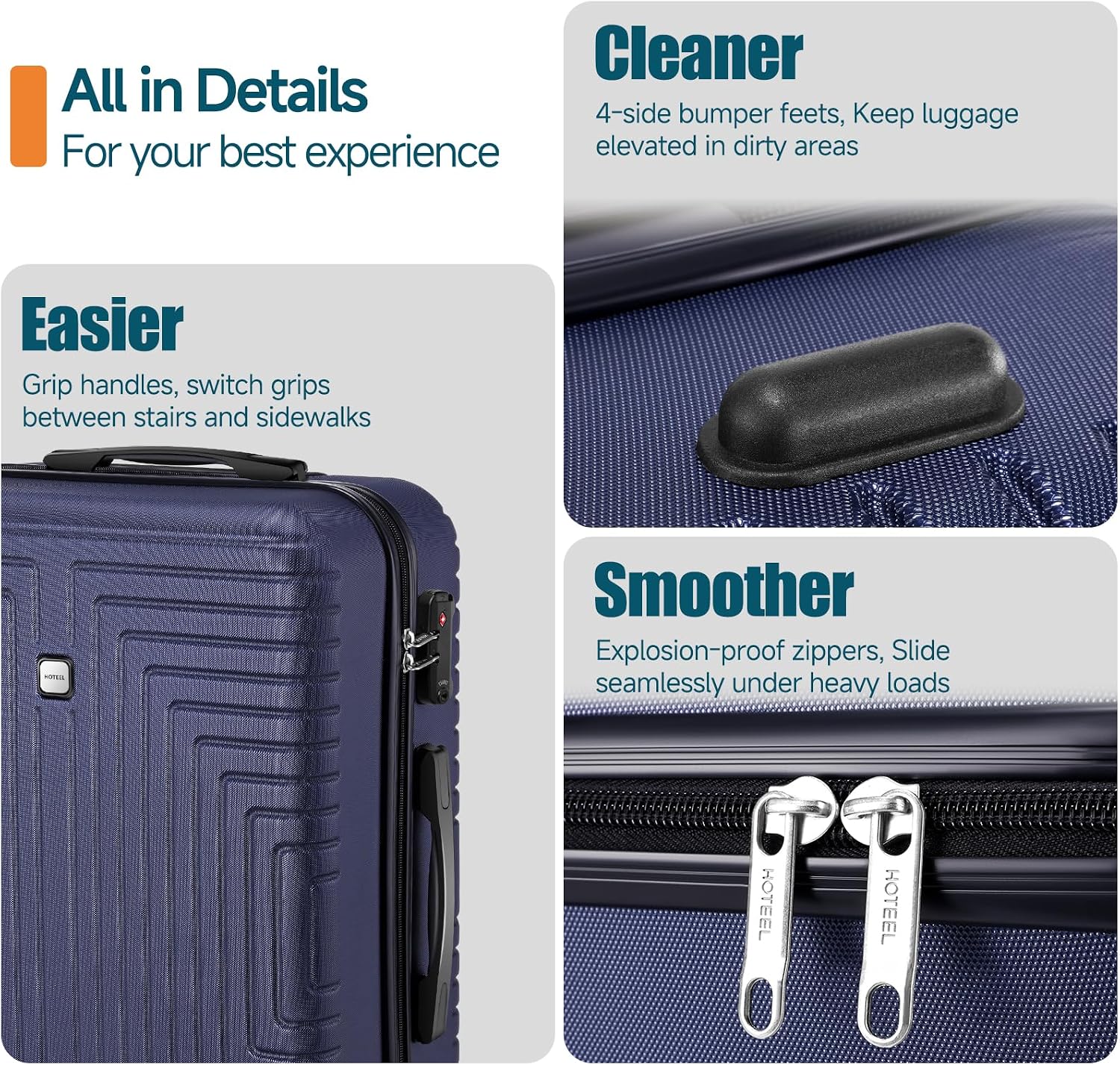 Hoteel Luggage Sets 5 Piece ABS+PC Hardside, 4-Year Warranty, Luggage Set with Double-Spinner Wheels, TSA Lock, Lightweight Carry on Luggage, 20'/24'/28' Suitcase with Duffel & Organizer, Blue
