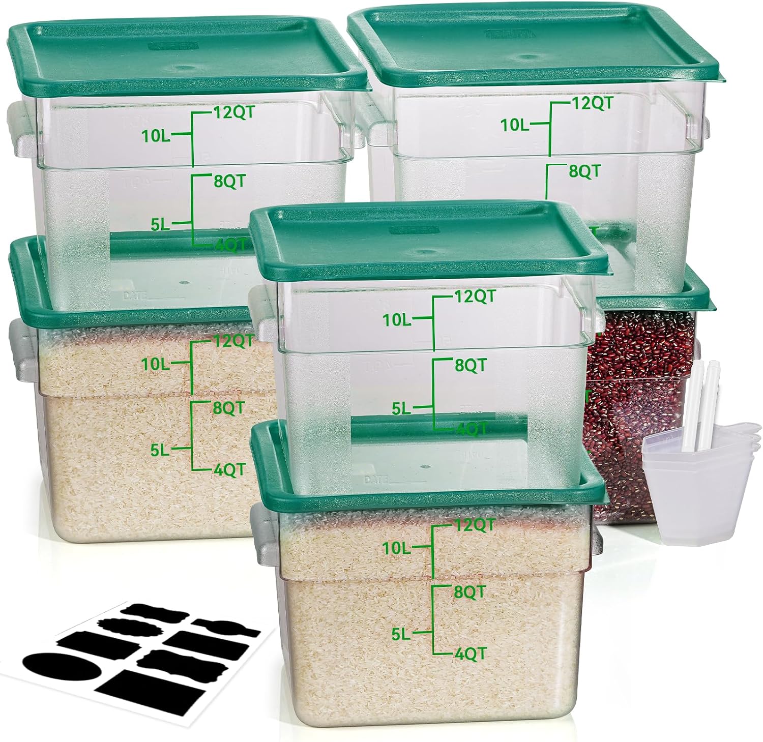 12QT NSF Food Storage Containers: 6PCS [Food Grade][Hot&Cold Resistant] Commercial Clear Food Storage Containers with Lids for Restaurant Kitchen Proof Dough, Measuring Spoons Included(GREEN)