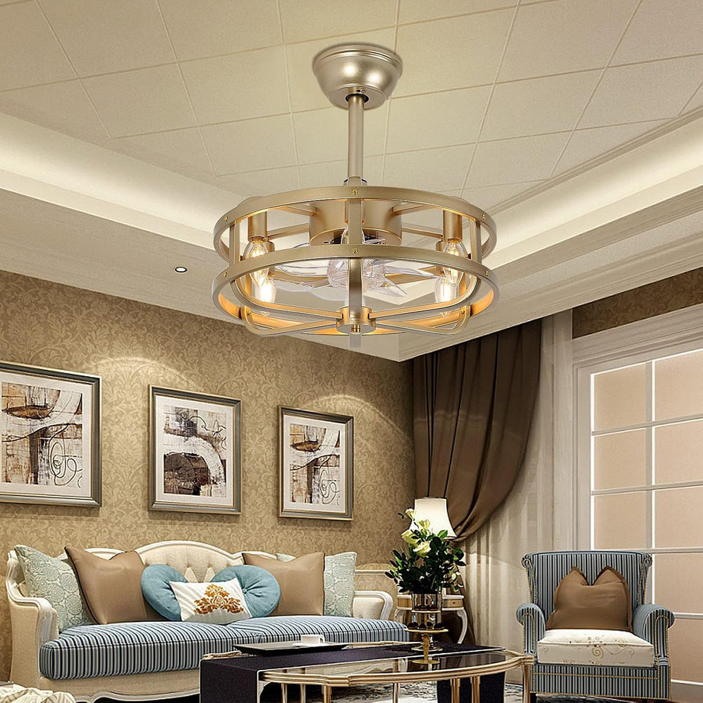 18' Gold Bladeless Ceiling Fan with Light, Caged Fandelier with Remote Control, 6-Speed Reversible Motor, Low Profile for Bedroom, Kitchen, Dining Room