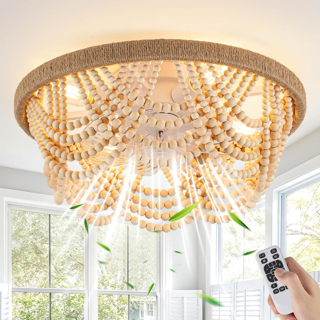 20' Boho Ceiling Fan with Light, Wood Beaded Flush Mount Ceiling Fans with 6 Speeds 3 Timing, Bohemian Caged Ceiling Fan for Living Room Kitchen Bedroom Nursery