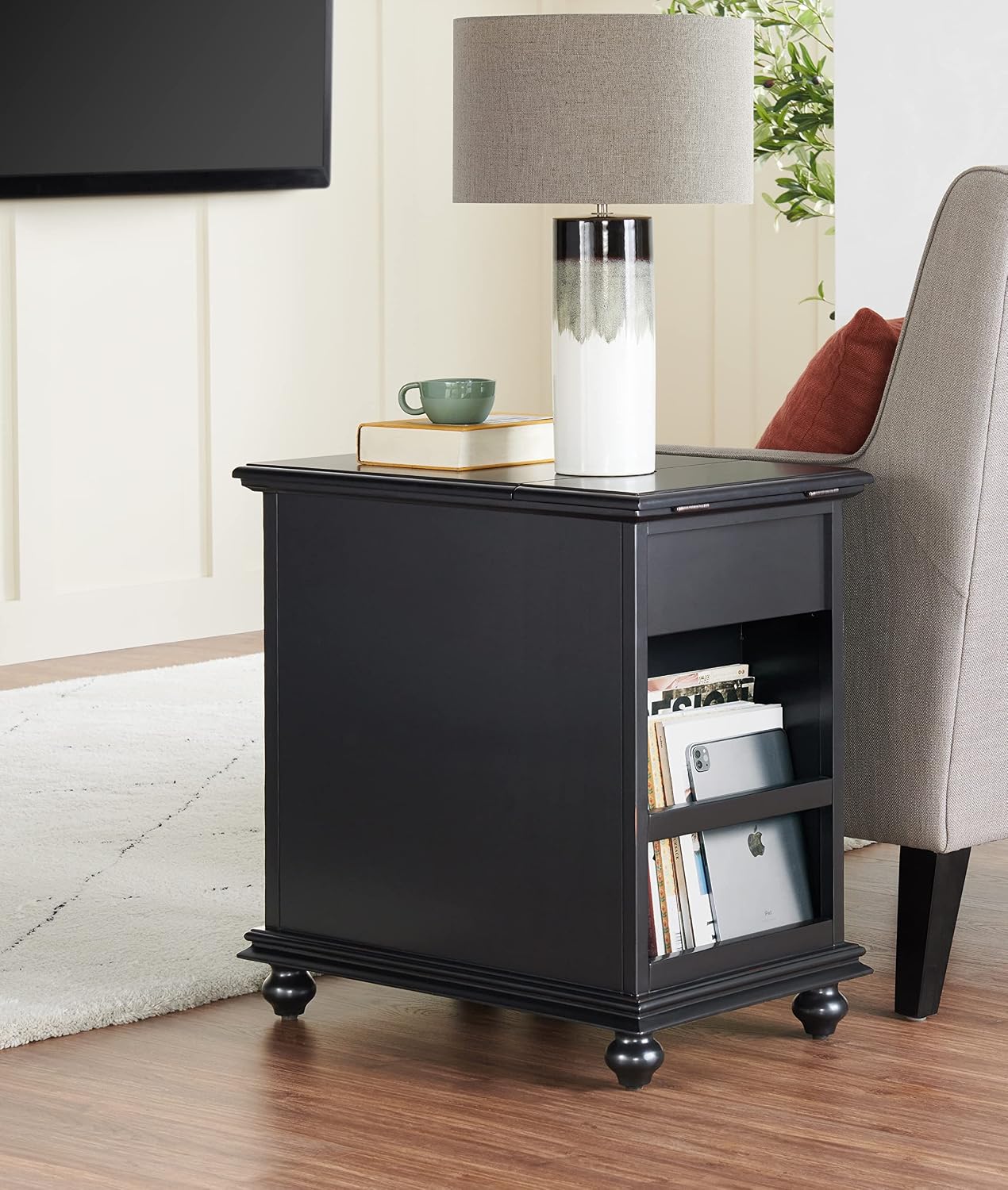 Martin Svensson Home Elegant Chairside End Table with Power — 24″W x 16″D x 25″H, Antique Black — Transitional Painted Accent Table with Flip-Top USB Charging, Drawer & Cabinet Storage