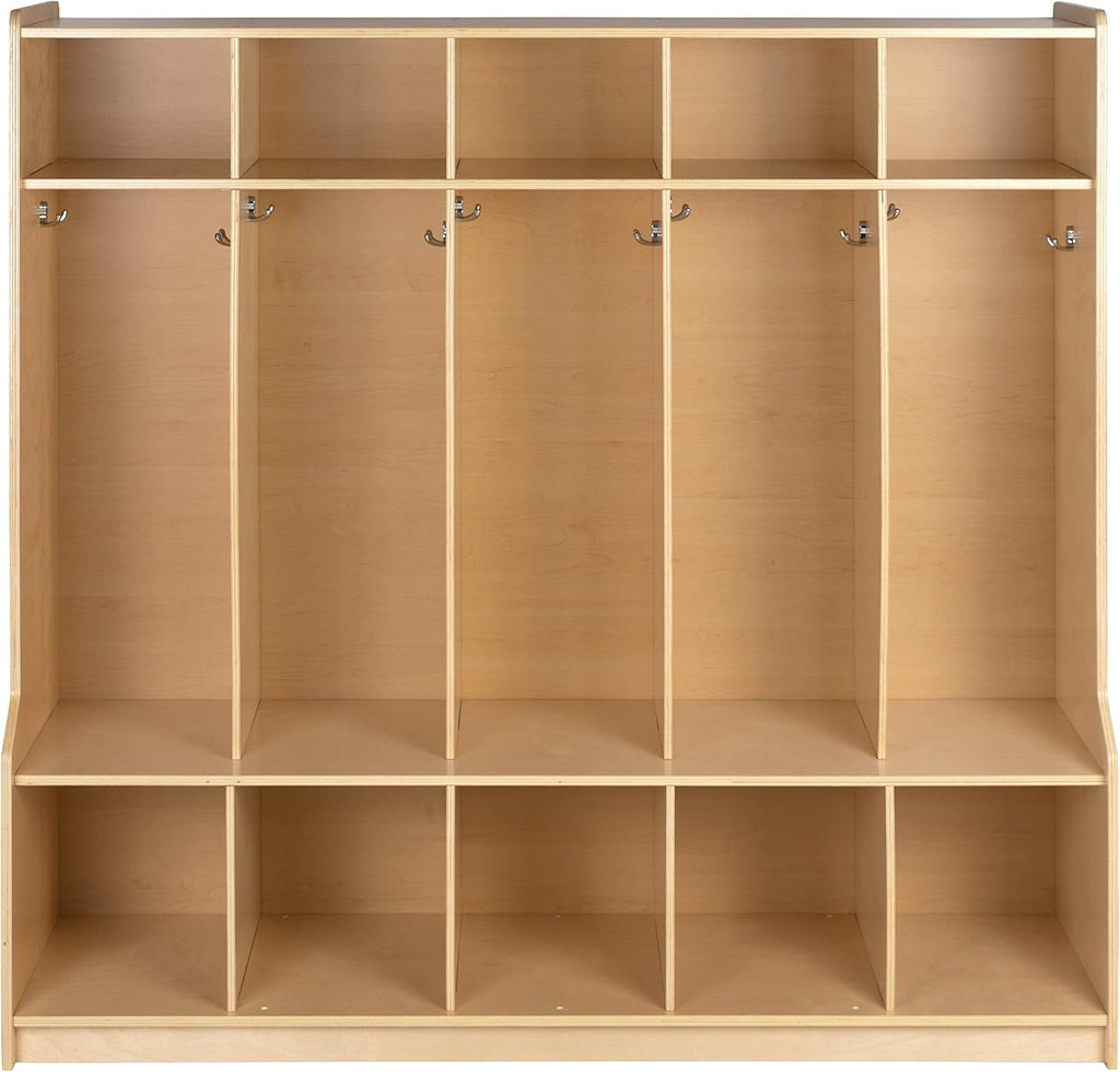 Flash Furniture Hercules Wooden 5-Section School Coat Locker with Bench, Cubbies, and Storage Hooks, Preschool Cubby Organizer, 48'H x 48'L, Natural