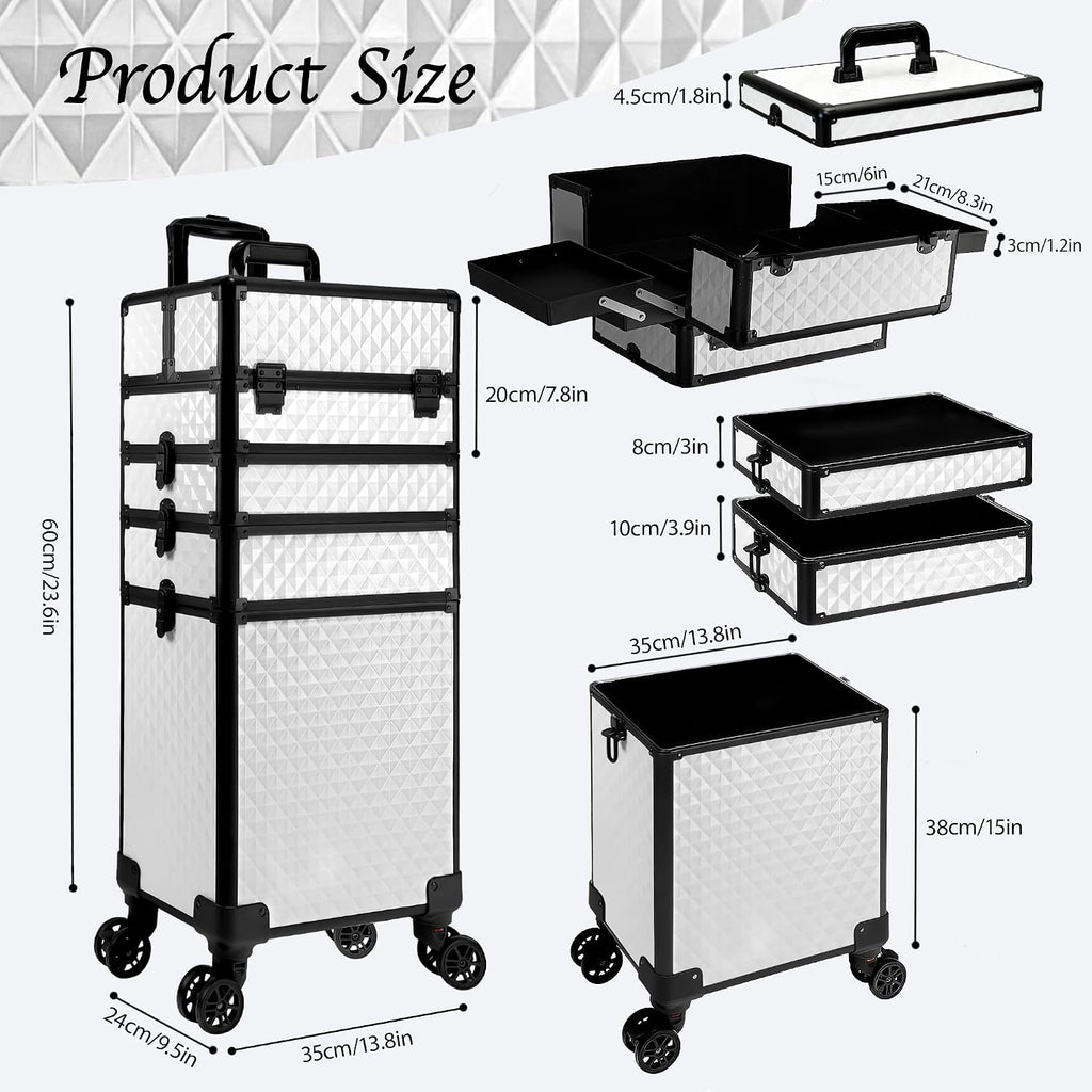 5 in 1 Rolling Makeup Train Case on Wheels Large Cosmetic Organizer Travel Cart for Women Beauty Salon Barber Hairstylist White
