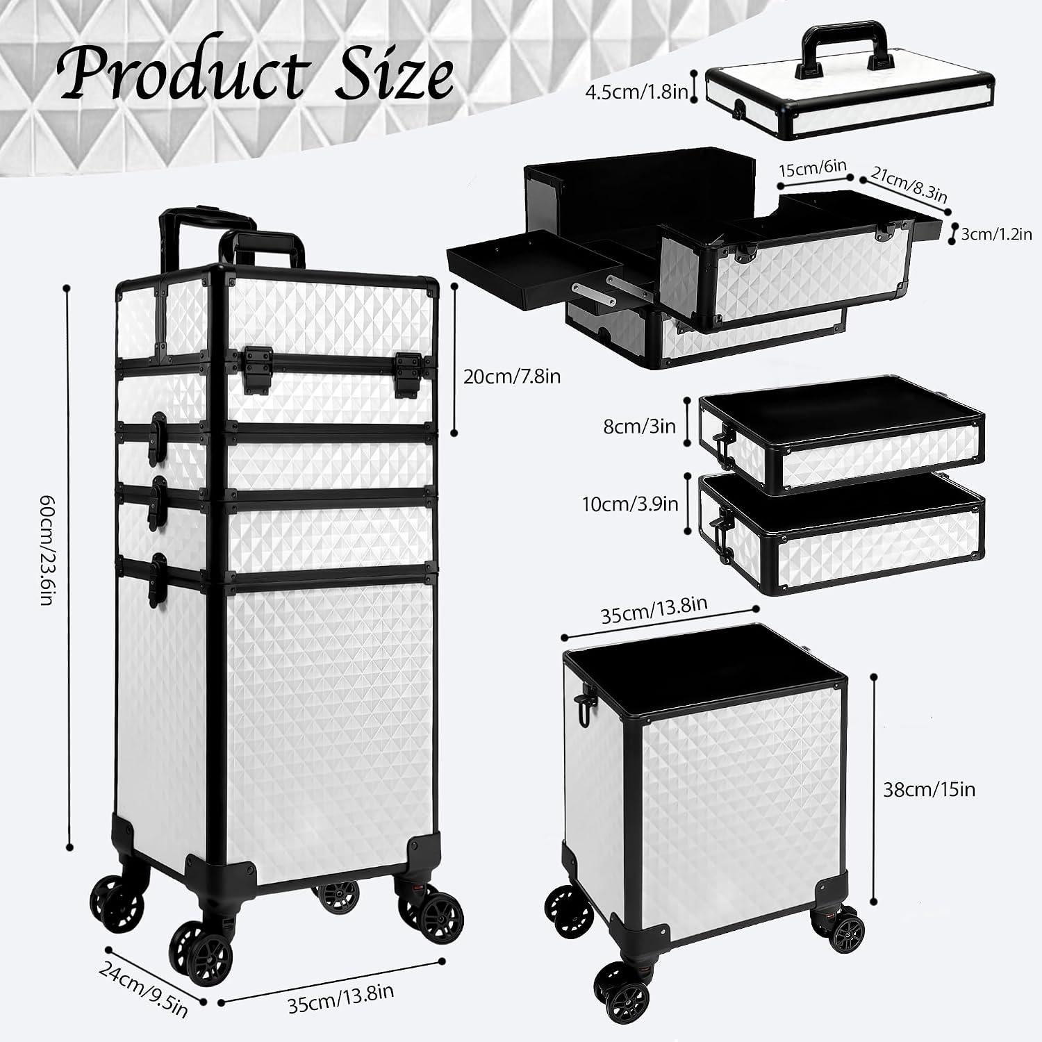 5 in 1 Rolling Makeup Train Case on Wheels Large Cosmetic Organizer Travel Cart for Women Beauty Salon Barber Hairstylist White