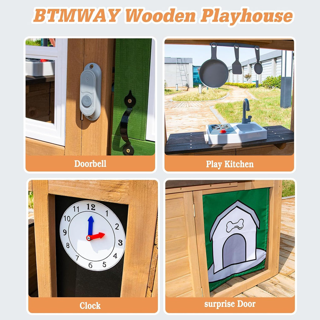 Kids Playhouse Outdoor,Cedar Gray Wooden Play House for Kids Ages 3-8,Interactive Doorbell, Kitchen Counter with Utensils, Sink, Window Boxes for Flowers (Brown)
