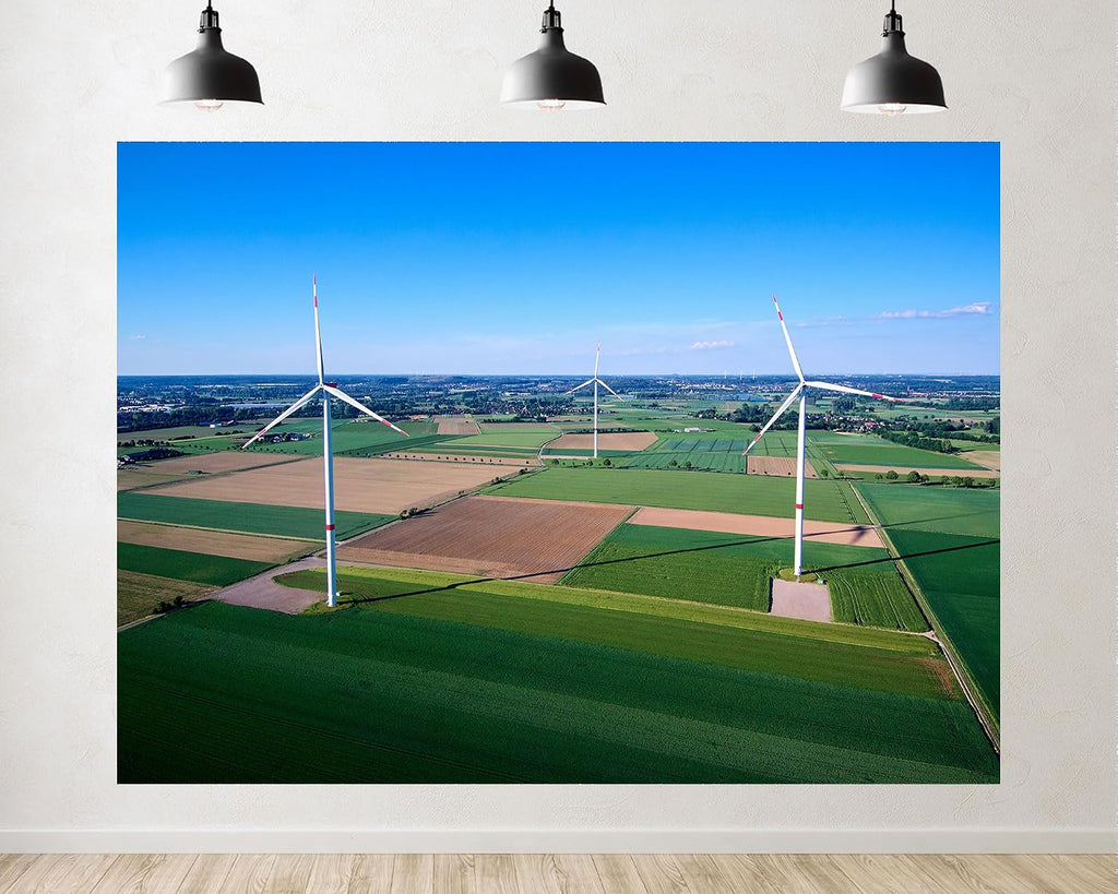 Trykid 20x10ft Wind Turbine Farm Backdrop Green Patchwork Fields Clear Blue Sky Renewable Energy Scene Photography Background Eco Themed Party Decoration Photo Booth Prop Fabric