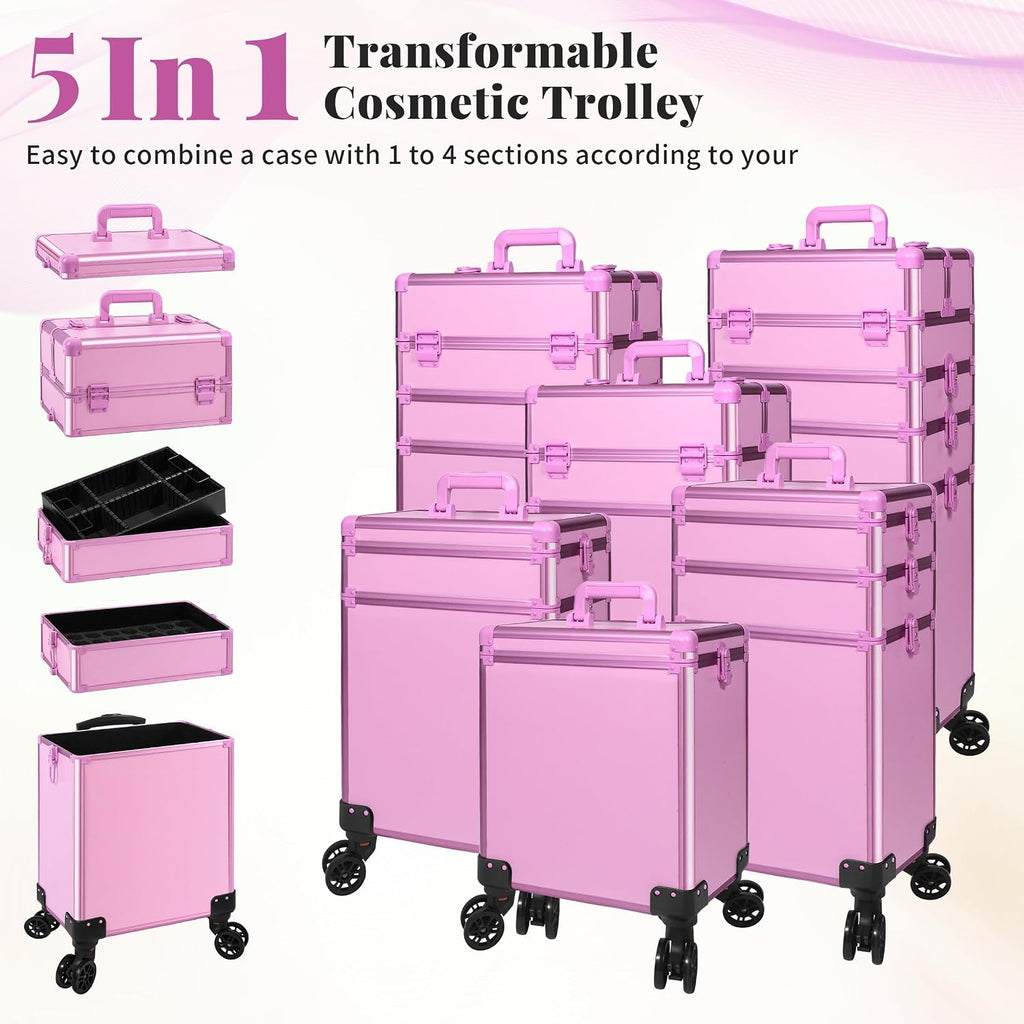 Professional Rolling Makeup Train Case with Lid, 5 in 1 Cosmetology Case on Wheels, Large Cosmetic Trolley Organizer Travel for Hairstylist Artist Nail Beauty Salon Barber, Pink