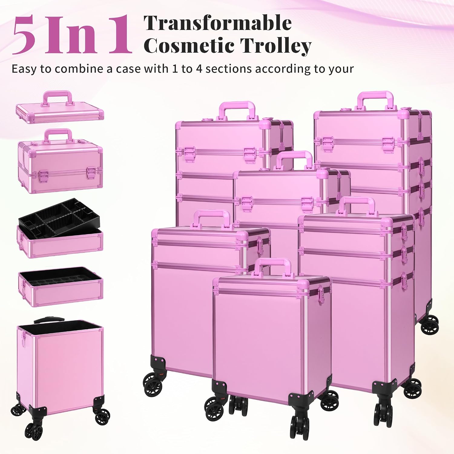Professional Rolling Makeup Train Case with Lid, 5 in 1 Cosmetology Case on Wheels, Large Cosmetic Trolley Organizer Travel for Hairstylist Artist Nail Beauty Salon Barber, Pink