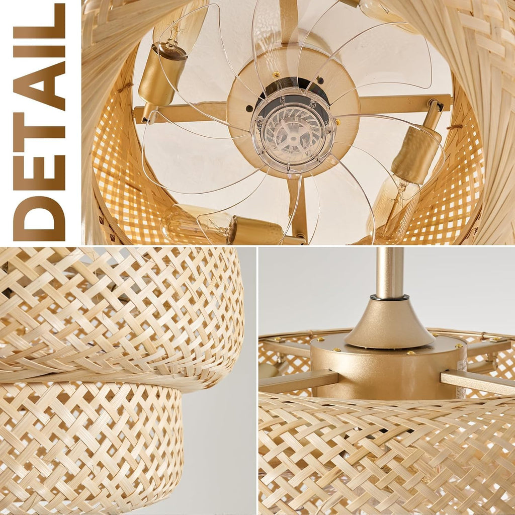 Fandelier Ceiling Fan with Light - 18.9' Boho Rattan Caged Ceiling Fan, Remote Controlled Wicker Chandelier Fan Light Fixture for Bedroom, Kitchen, Living Room, Nursery, E26 Base