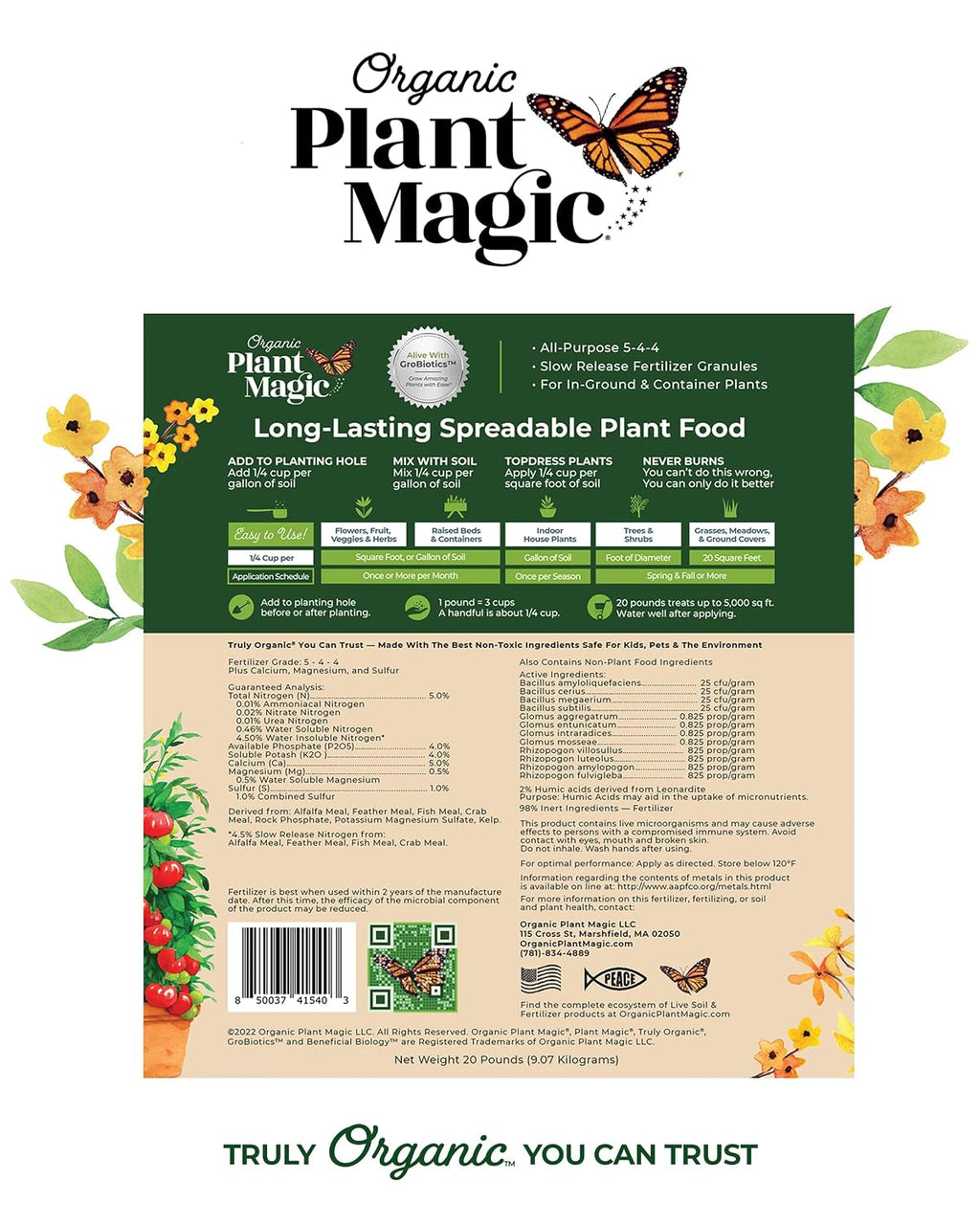 Organic Plant Magic - Truly Organic™ Long-Lasting Spreadable Plant Food: All-Purpose Fertilizer Granules for All Flower Vegetable Herb Fruit Tree Shrub Container Garden & House Plants [One 20 lb Bag]
