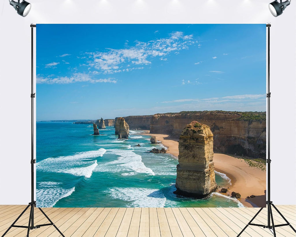 Trykid 20x10ft Coastal Cliffs Sea Stacks Backdrop Turquoise Ocean Sandy Shore Clear Blue Sky Dramatic Seascape Photography Background Nature Tapestry Party Decoration Photo Booth Prop Fabric