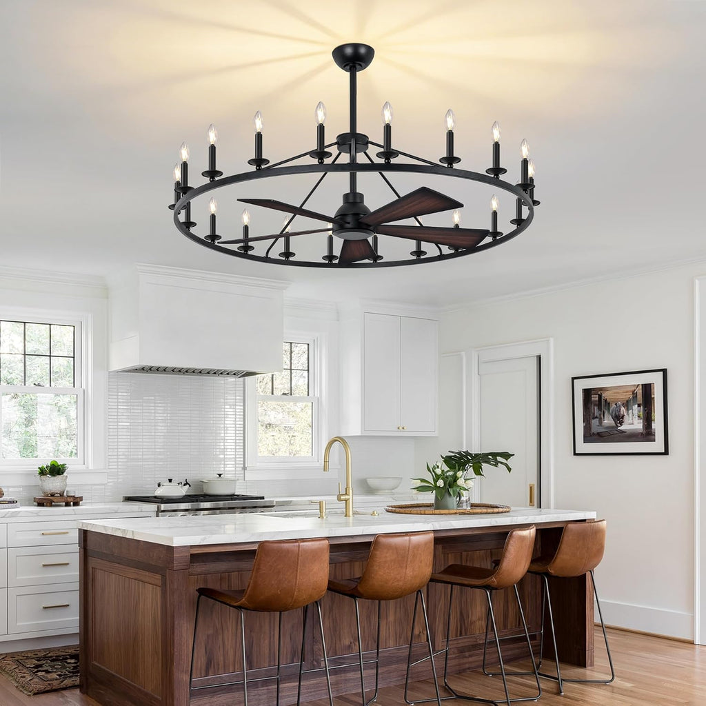 COCOSTAR 50' Black Wagon Wheel Chandelier with Fans, Farmhouse Ceiling Fan with 20-Lights and Remote, Adjustable Height, Rustic Large Fandelier for Living Room, 6-Speed Reversible Big Fandelier