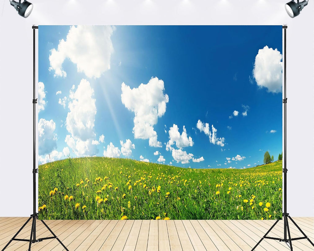 Trykid 20x10ft Dandelion Meadow Backdrop Lush Green Grass Bright Yellow Blooms Clear Blue Sky Photography Background Spring Wedding Garden Party Decoration Photo Booth Prop Fabric