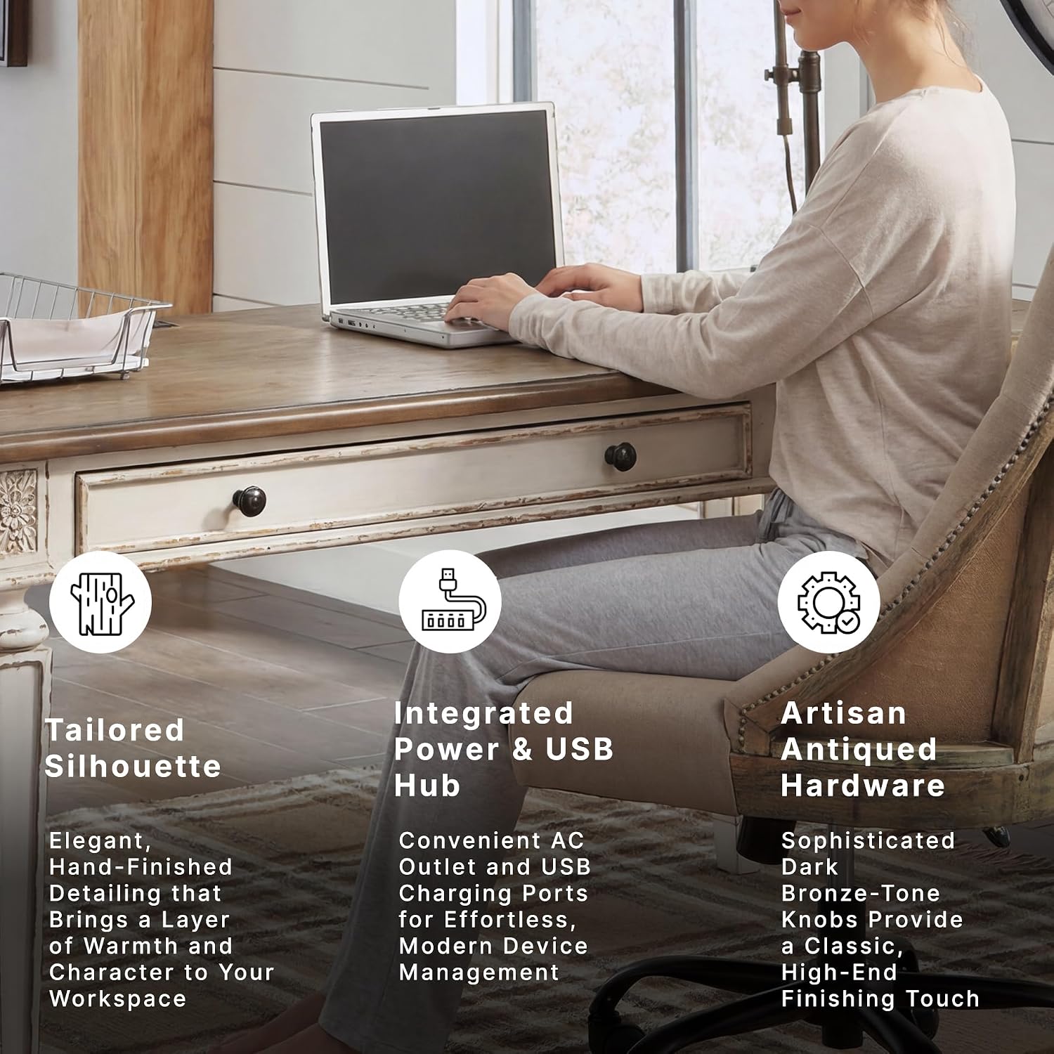 Signature Design by Ashley Realyn Farmhouse Home Office Desk, 2 Drawers, Drop-down Drawer, USB Charging, Wood, 60' W x 28' D x 31' H, Chipped White and Brown
