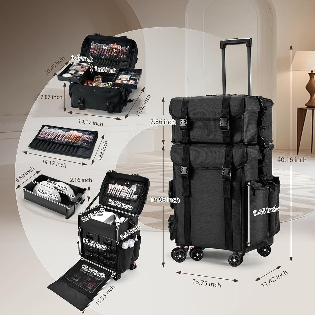 Costravio Travel Makeup Bag, Cosmetology Case on Wheels, 2 IN 1 Hair Tool Organizer, Rolling Nail Organizer Train Case, Large Cosmetic Trolley Suitcase for MUA/Hairstyling/Home-care/Groomer, Black