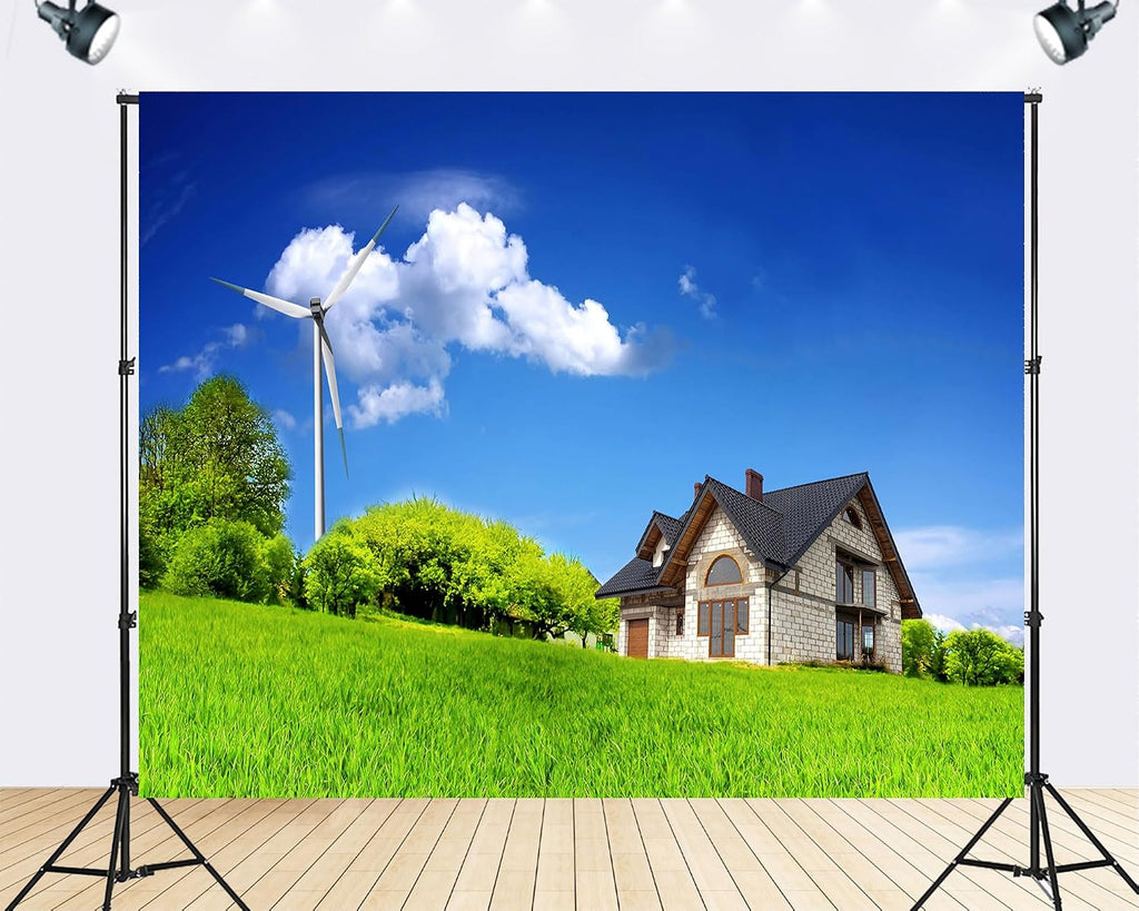 Trykid 20x10ft Friendly Country House Backdrop Wind Turbine Lush Green Fields Clear Blue Sky Clouds Photography Background Sustainable Party Decoration Photo Booth Prop Fabric