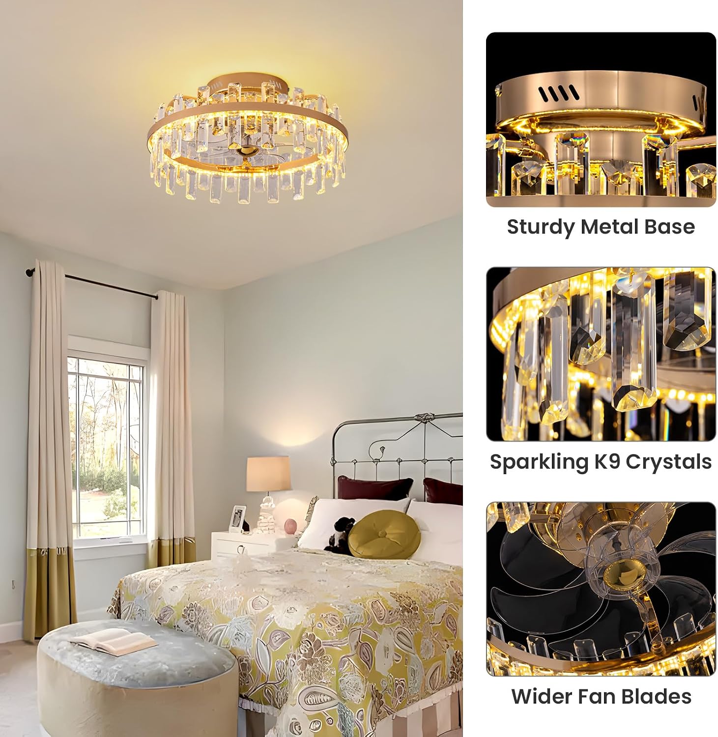 20' Crystal Ceiling Fans with Lights Remote Control Dimmable 6 Speeds Reverible Timer Gold Fandelier for Bedroom Dining Room Living Room