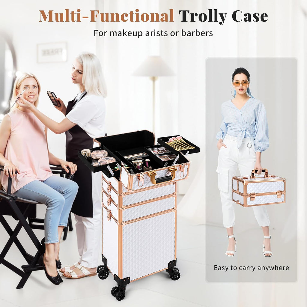 AROUS Rolling Makeup Train Case 4 in 1 Cosmetology Case on Wheels Large Storage Cosmetic Trolley with Key Salon Barber Case Traveling Cart Trunk,White