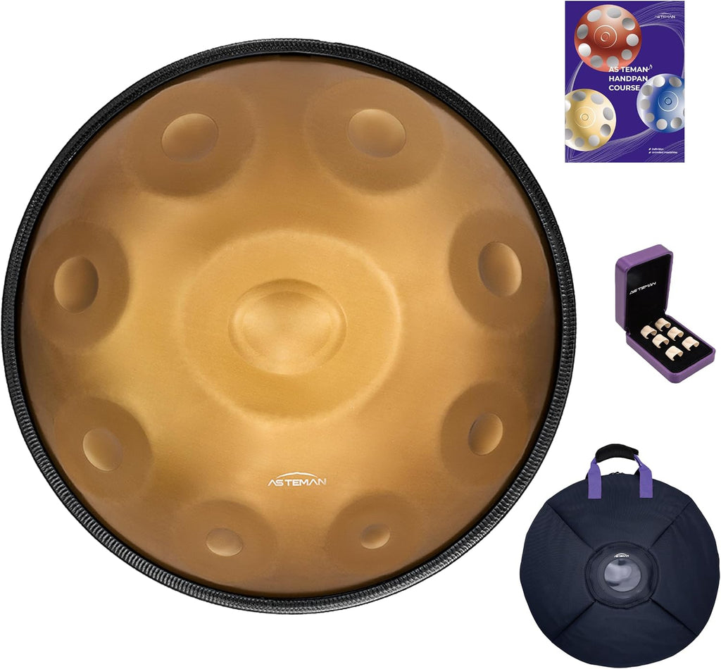 AS TEMAN HANDPAN, Handpan drum instrument in D Minor 9 Notes 440hz 22 inches Steel Hand Drum with Soft Hand Pan Bag, 2 handpan mallet,Handpan Stand,dust-free cloth,gold