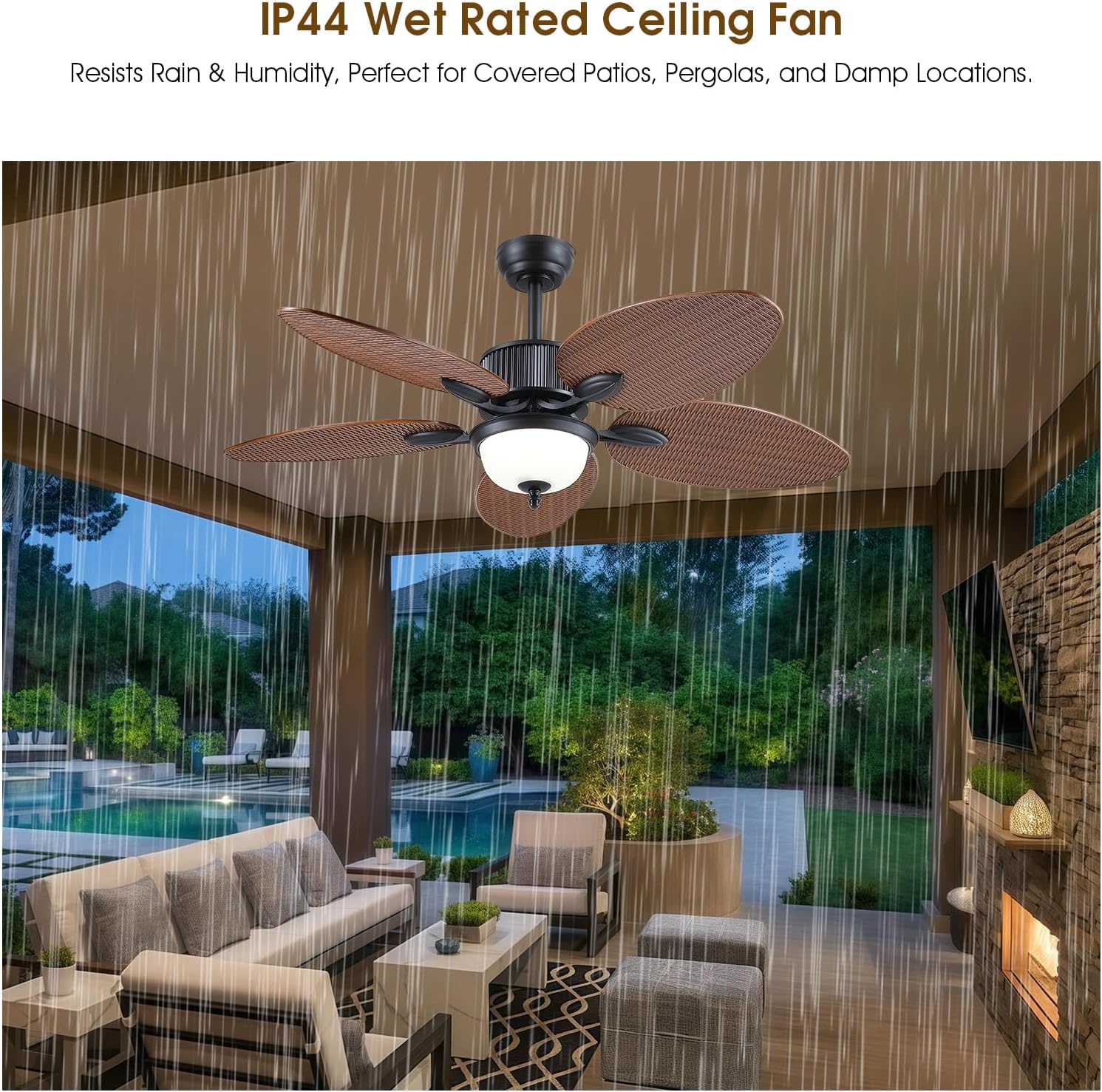 Wiviniya 50 Inch Tropical Ceiling Fans with Lights, Palm Leaf Waterproof Outdoor Ceiling Fan for Patios Porch, Remote/APP Control, Wet Rated, Glass Lampshade, Quiet DC Motor, Dimmable LED, Brown