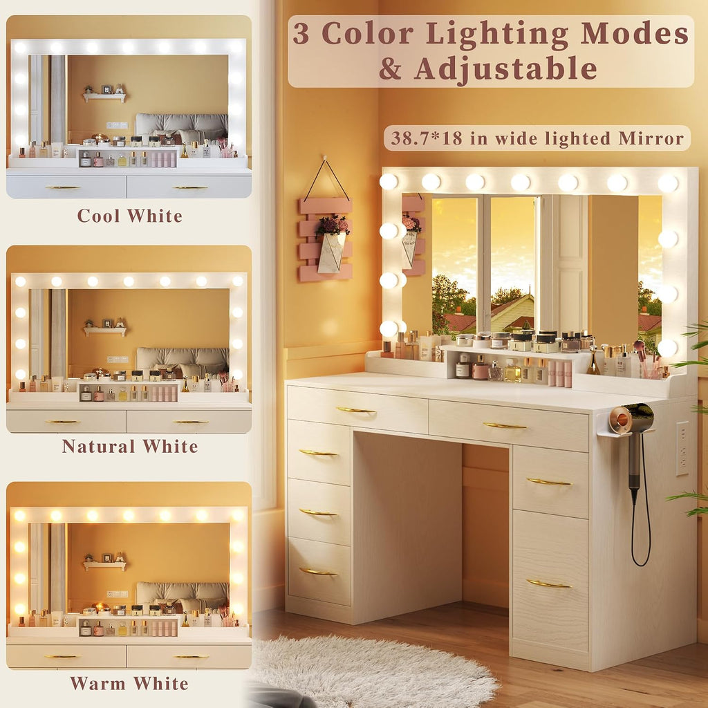 ALEXNUTRE Vanity Desk with Mirror and Lights, Makeup Vanity with Outlets & Large Mirror & 6 Drawers,White Vanity with 3-Color Adjustable Lighting, Makeup Vanity for Bedroom