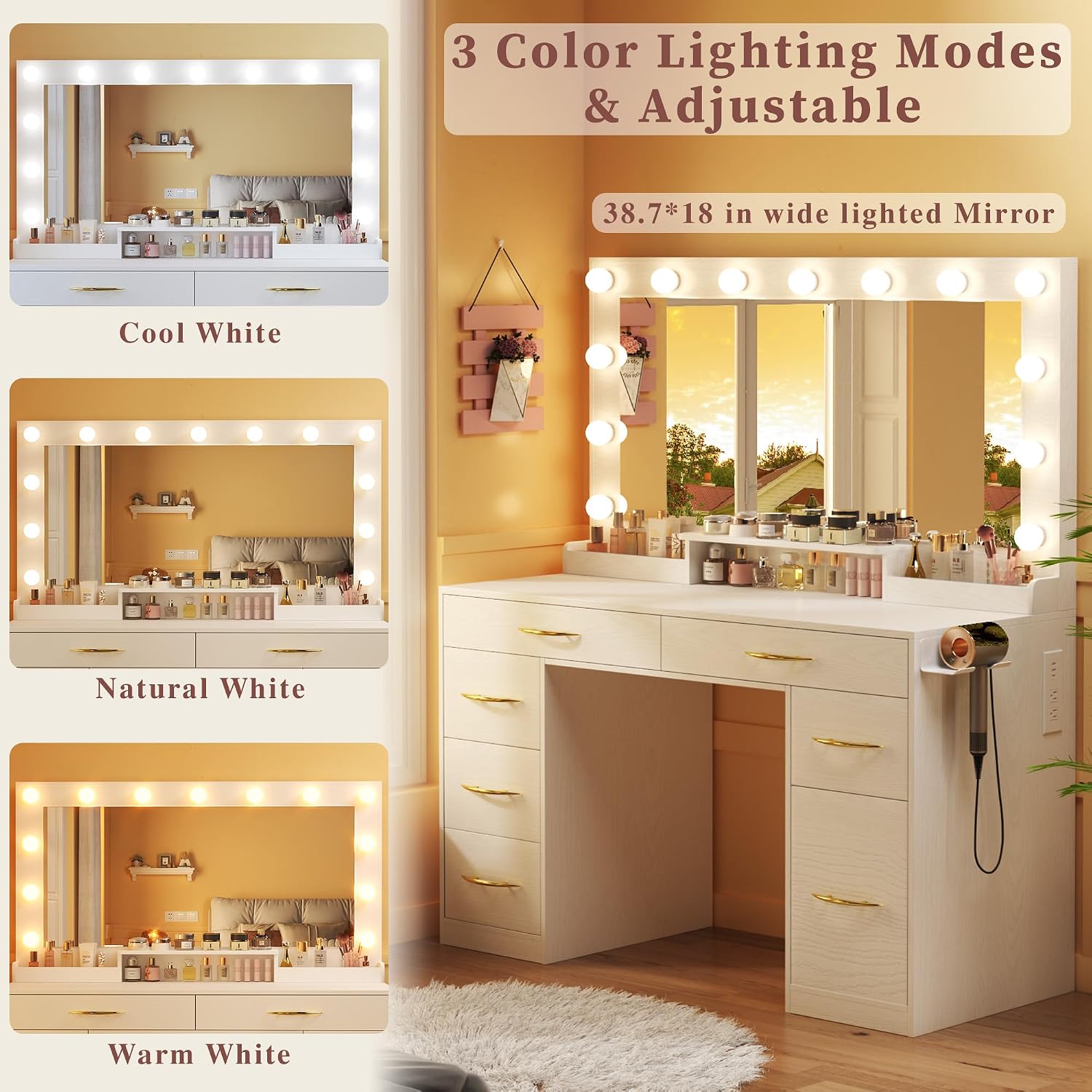 ALEXNUTRE Vanity Desk with Mirror and Lights, Makeup Vanity with Outlets & Large Mirror & 6 Drawers,White Vanity with 3-Color Adjustable Lighting, Makeup Vanity for Bedroom