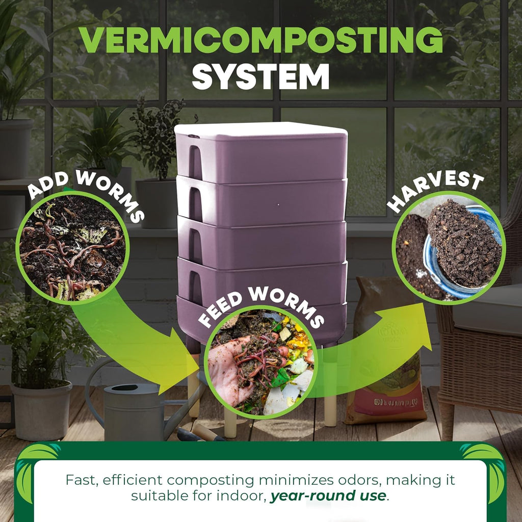 FCMP Outdoor - The Essential Living Composter, 4-Tray Worm Vermicomposter Bin, Plum