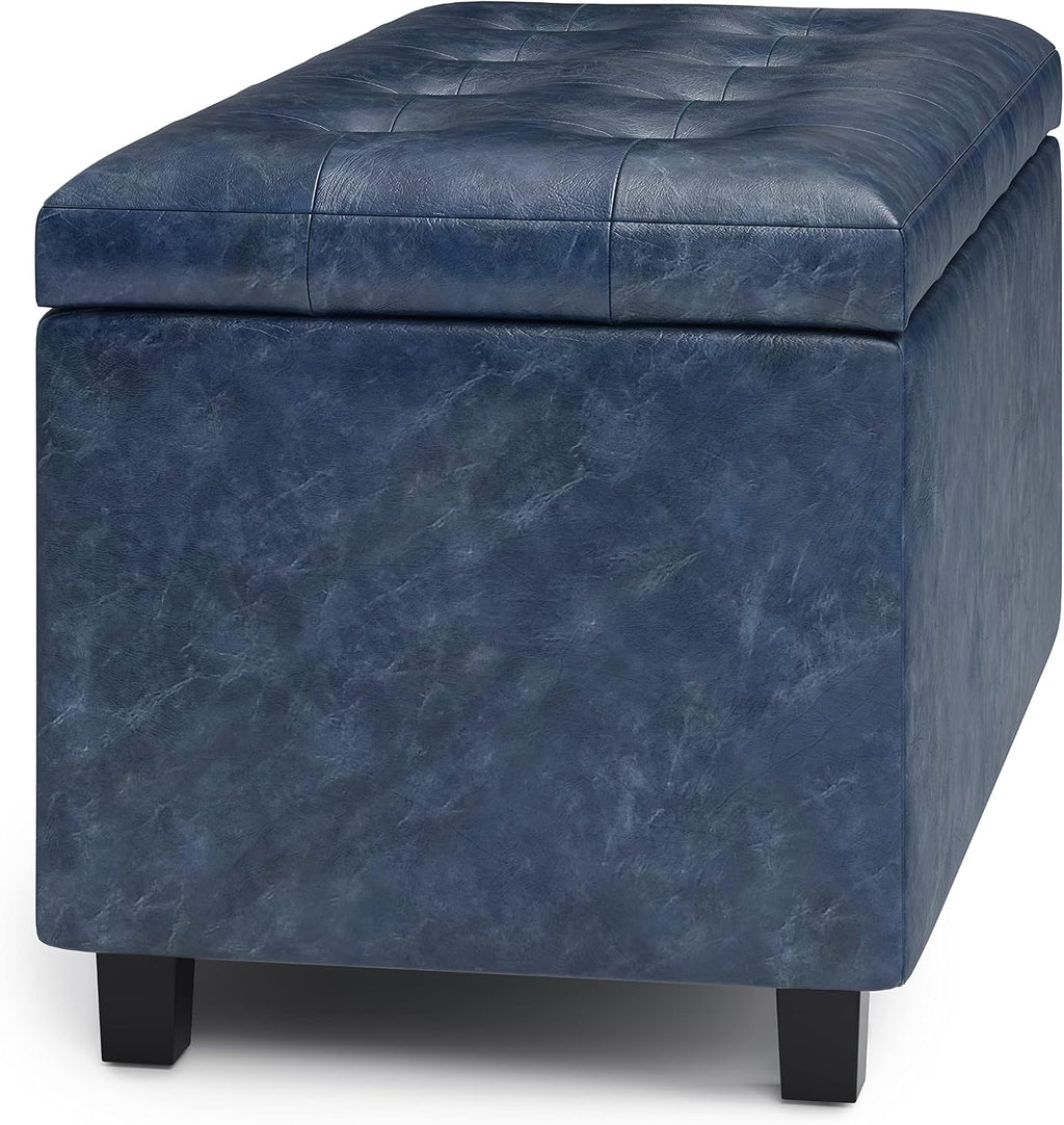 SIMPLIHOME Cosmopolitan Storage Ottoman - 34 inch Wide Upholstered Vegan Leather Rectangle Storage Ottoman Bench in Denim Blue, Transitional Tufted Ottoman for Living Room or Entryway with Lift-Up Lid
