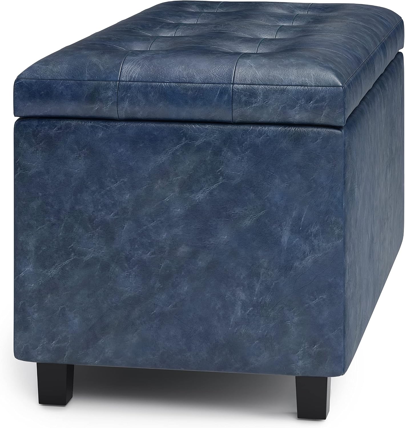 SIMPLIHOME Cosmopolitan Storage Ottoman - 34 inch Wide Upholstered Vegan Leather Rectangle Storage Ottoman Bench in Denim Blue, Transitional Tufted Ottoman for Living Room or Entryway with Lift-Up Lid