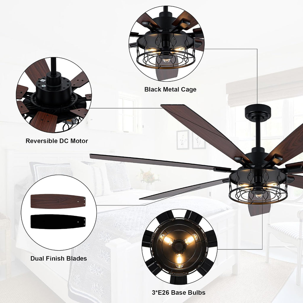 72 Inch Ceiling Fan with Lights Farmhouse Ceiling Fan with Lights Black Caged Fandelier Rustic Industrial Chandelier for Living Room Indoor Outdoor, Reversible DC Motor 6 Speeds