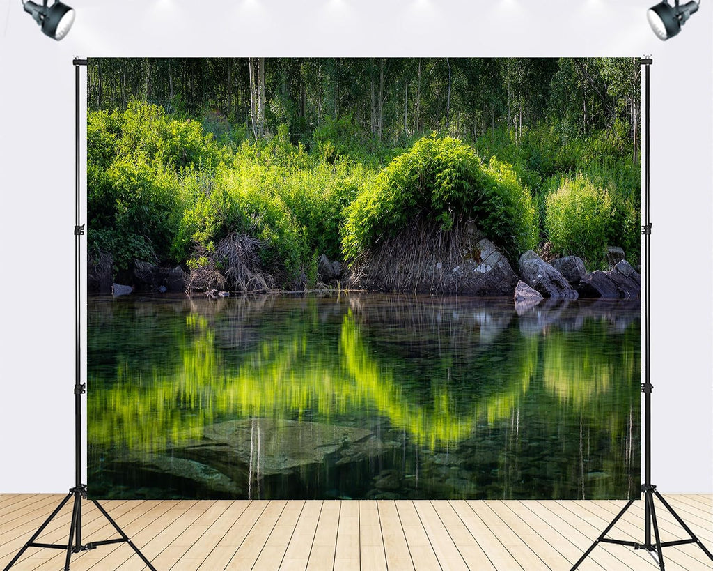 Trykid 20x10ft Lush Green Forest Stream Backdrop with Clear Reflections and Rocky Banks Photography Background Natural Home Decor Wilderness Party Decoration Photo Booth Prop Fabric