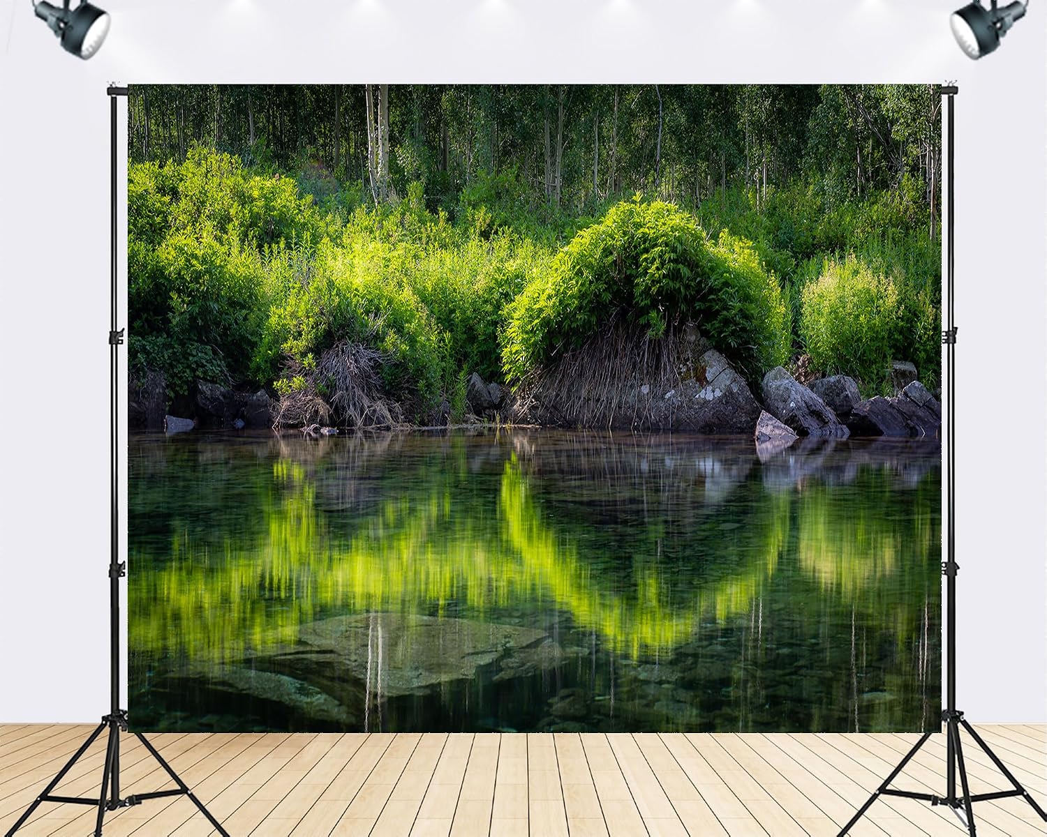 Trykid 20x10ft Lush Green Forest Stream Backdrop with Clear Reflections and Rocky Banks Photography Background Natural Home Decor Wilderness Party Decoration Photo Booth Prop Fabric