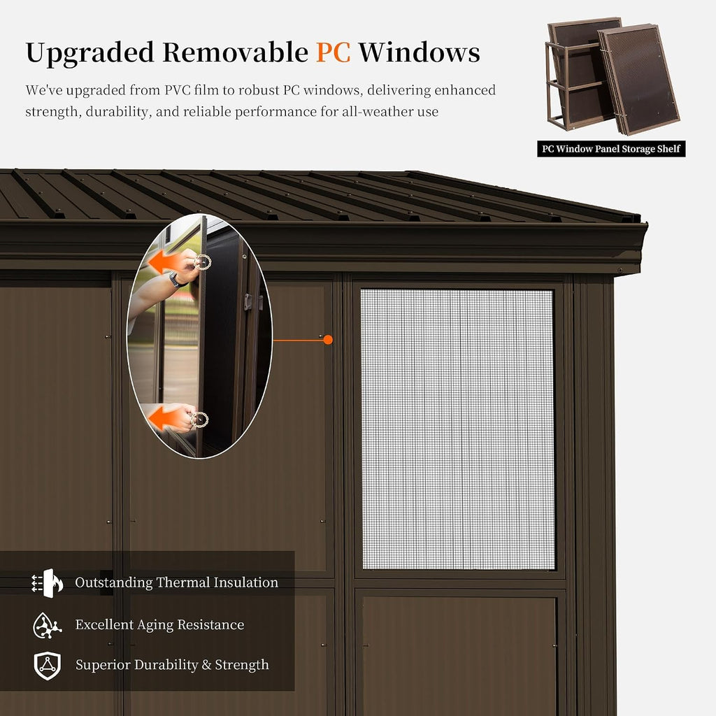 Domi 12x14FT Sunroom, Wall Mounted Sunroom Kit with Galvanized Steel Sloping Roof, Outdoor Sunroom Gazebo with Detachable PC Screen, 3 Sliding Double Doors, Lean to Sun Room for Patio, Deck