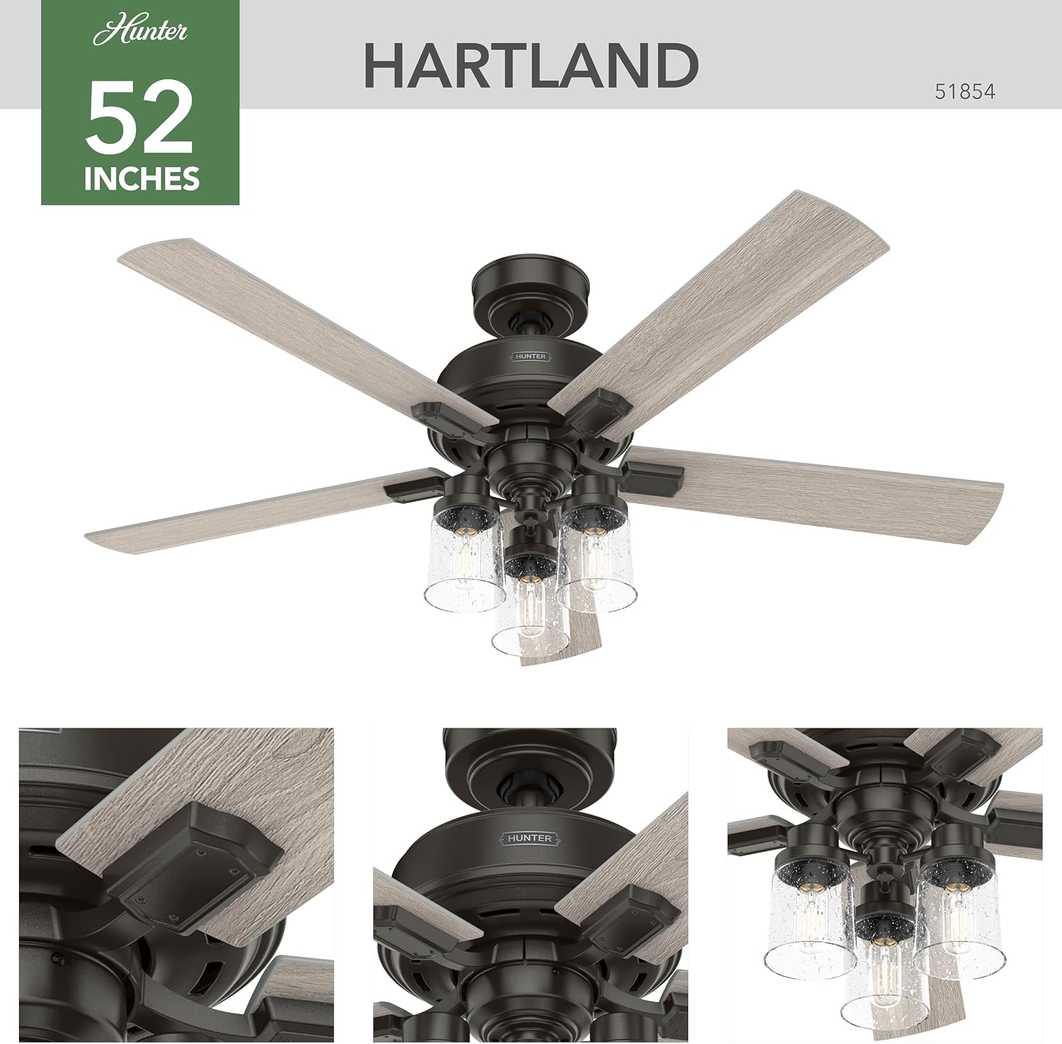 Hunter 52 inch Indoor Ceiling Fan with LED Lights and Remote Control - Bronze Ceiling Fan, Standard Mount, 5 Blades, For Bedroom, Living Room, or Kitchen, Quiet - Hartland 51854, Noble Bronze