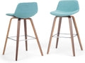 SIMPLIHOME Randolph Counter Stools (Set of 2) - 28 Inch Seat Height Upholstered Bentwood Bar Stools in Aqua Blue Linen Look Fabric, Mid Century Modern Seating with Curved Backrest and Footrest