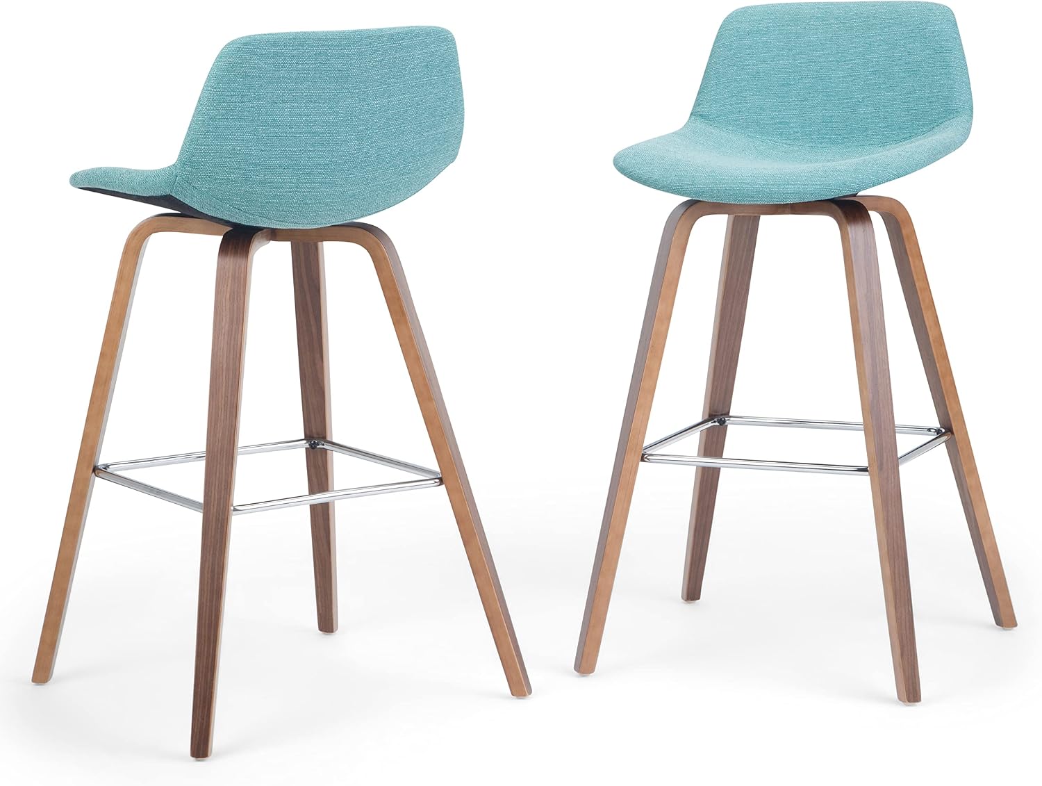 SIMPLIHOME Randolph Counter Stools (Set of 2) - 28 Inch Seat Height Upholstered Bentwood Bar Stools in Aqua Blue Linen Look Fabric, Mid Century Modern Seating with Curved Backrest and Footrest