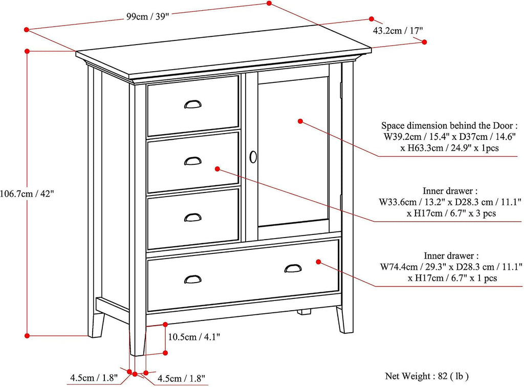 SIMPLIHOME Redmond Storage Cabinet - 39 inch Wide Solid Wood Medium Storage Cabinet in Farmhouse Grey, Transitional Accent Cabinet for Entryway or Living Room with 4 Drawers and Cabinet Storage
