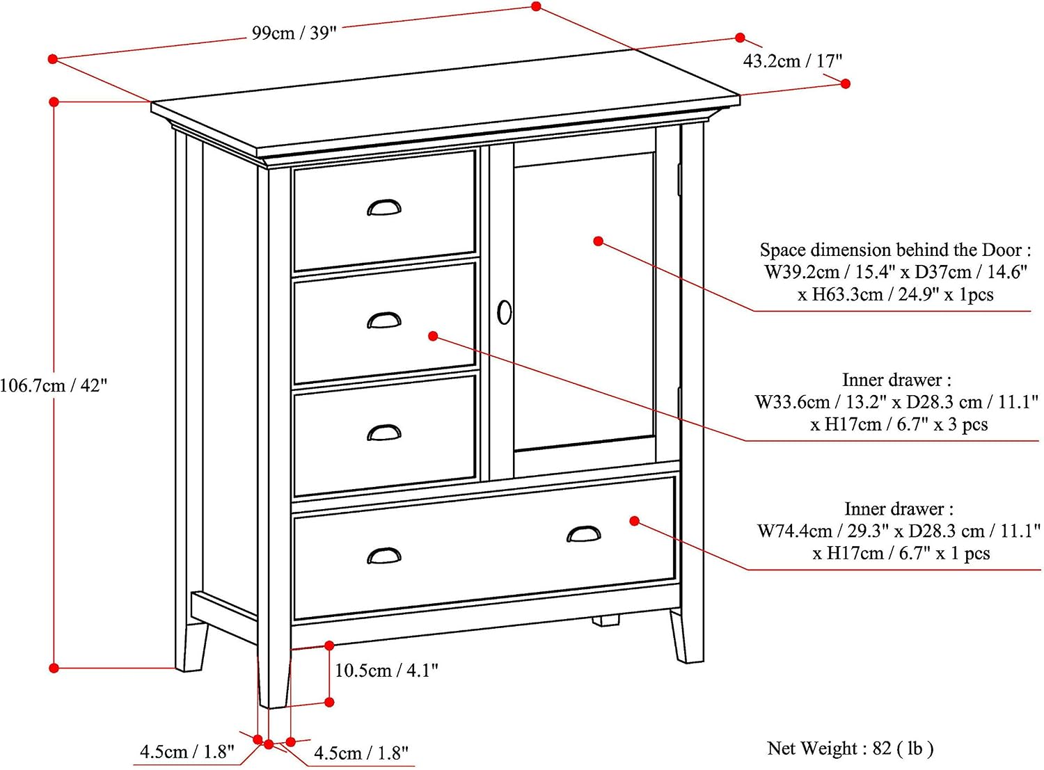 SIMPLIHOME Redmond Storage Cabinet - 39 inch Wide Solid Wood Medium Storage Cabinet in Farmhouse Grey, Transitional Accent Cabinet for Entryway or Living Room with 4 Drawers and Cabinet Storage