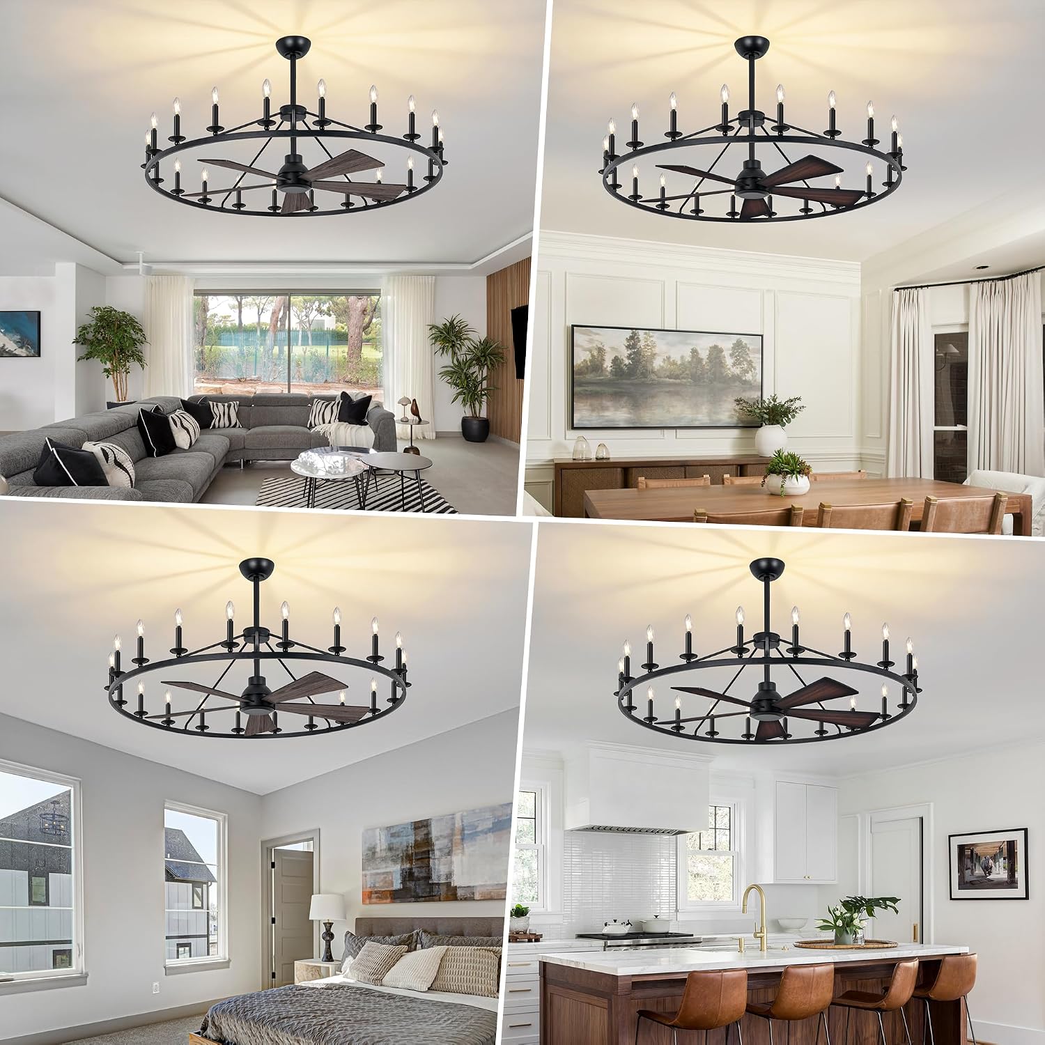 COCOSTAR 50' Black Wagon Wheel Chandelier with Fans, Farmhouse Ceiling Fan with 20-Lights and Remote, Adjustable Height, Rustic Large Fandelier for Living Room, 6-Speed Reversible Big Fandelier