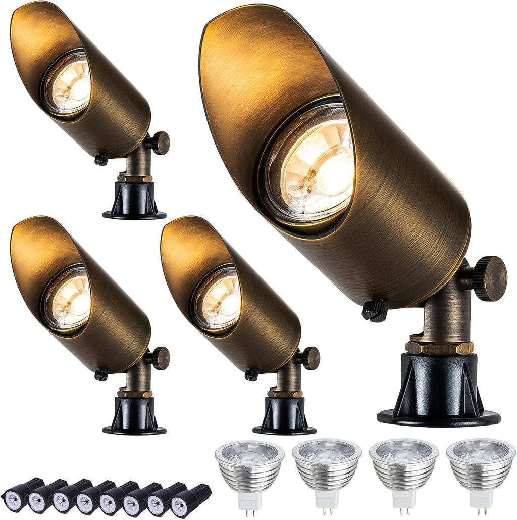 LumStory Brass Low Voltage Landscape Spotlight 12V Bronze Waterproof Shroud Adjustable Outdoor Landscape Lighting, with MR16 LED Bulb 5W 3000K, 4-Pack